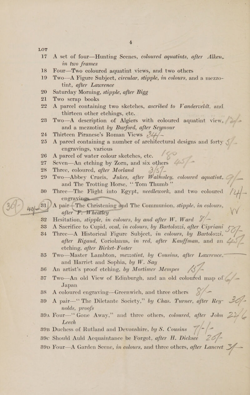 enna rere 4 17 A set of four—Hunting Scenes, coloured aquatints, after Alken, in two frames 18 Four—Two coloured aquatint views, and two others 19 Two—A Figure Subject, circular, stipple, in colours, and a mezzo- tint, after Lawrence 20 Saturday Morning, stipple, after Bigg 21 Two scrap books thirteen other etchings, etc. and a mezzotint by Burford after Seymour 24 Thirteen Piranese’s Roman Views ILh/ ~ engravings, varlous ' 26 <A parcel of water colour sketches, ete. | 27 Seven—An etching by Zorn, and six others 28 Three, coloured, after Morland 03 /$ ie 29 Two—Abbey Crucis, and The Trotting Horse, ‘‘ Tom Thumb ” 30 Three—The aia into Kgypt, needlework, and two coloured en STAND Gent ni The Christening and The Communion, stupple, in colours, 82 Hesitation, stipple, in colours, by and Gs W. Ward o/- se 34 Three—A Historical Figure Subject, 7 colours, by Bartolozzi, after Rigaud, Coriolanus, in red, after Kauffman, and an etching, after Birket- Foster and Harriet and Sophia, by W. Say P, 36 An artist’s proof etching, by Mortimer Mempes AK ar Japan ae 38 <A coloured engraving—Greenwich, and three others OK tn 39 <A pair—‘t The Diletante Society,” by Chas. nolds, proofs 394 Four—‘‘* Gone Avy and three others, coloured, after John Leech nF ae 398 Duchess of Rutland and Devonshire, by S. Cousins “/// “ft 39c Should Auld Acquaintance be Forgot, after H. Disses LO/ =