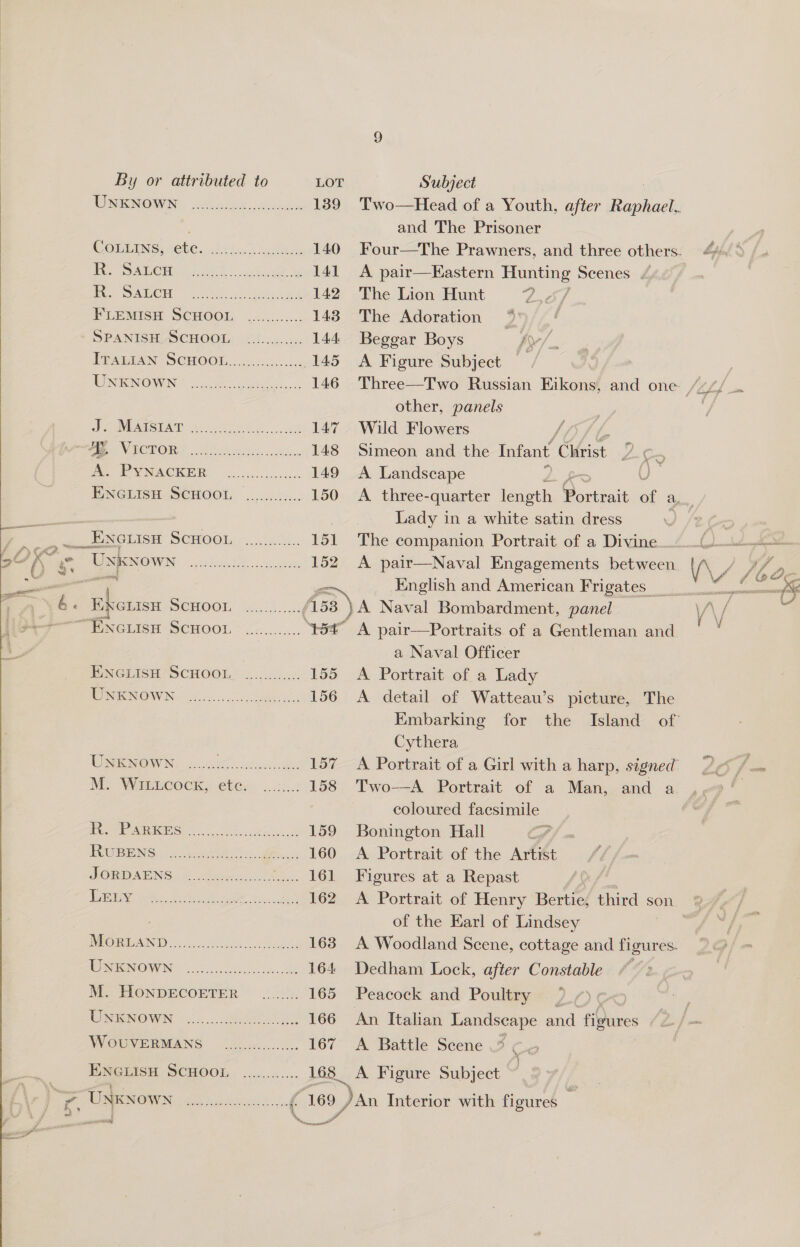  § By or attributed to TWINEINOW: hs Gee) ences COLLINS, ete. R. SALcHe ie. SARCH =. Cie orale FLEMISH SCHOOL SPANISH SCHOOL MINICNOWUN Saco. ee CLisn SCHOOL)... b. ENGLISH SCHOOL “ENGLISH SCHOOL eee eee ee cece ENGLISH SCHOOL UNKNOWN TO NNIOW NY cots oh yes BE: M. WILLcocK, etc. Leny weet scree sere cece oa Subject and The Prisoner A pair—Kastern Hunting Scenes 4 The Lion Hunt i aeeY, The Adoration * Beggar Boys fy. - A Figure Subject other, panels Wild Flowers Simeon and the Infant’ Cis = A Landscape oR Lady in a white satin dress The companion Portrait of a Divine... “pat” 168 aval Bombardment, panel A pair—Portraits of a Gentleman and a Naval Officer A Portrait of a Lady A detail of Watteau’s picture, The Embarking for the Cythera Two—A Portrait of a Man, and a coloured facsimile Bonington Hall | A Portrait of the Artist Figures at a Repast A Portrait of Henry Bertie, third son of the Earl of Lindsey Dedham Lock, after Constable Peacock and Poultry 2.) ¢ An Italian Landscape and figures | A Battle Seene .% Co A Figure Subject ,