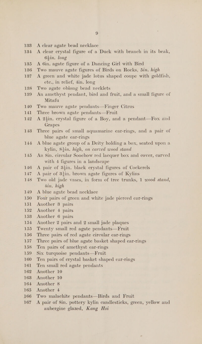 A clear crystal figure of a Duck with branch in its beak, 6gin. long A 6in. agate figure of a Dancing Girl with Bird Two mauve agate figures of Birds on Rocks, 5in. high A green and white jade lotus shaped coupe with goldfish, etc., in relief, 4in. long Two agate oblong bead necklets An amethyst pendant, bird and fruit, and a small figure of Mitafu | Two mauve agate pendants—Finger Citrus Three brown agate pendants—Fruit A 24in. crystal figure of a Boy, and a pendant—Fox and Grapes Three pairs of small aquamarine ear-rings, and a pair of blue agate ear-rings A blue agate group of a Deity holding a box, seated upon a kylin, 84in. high, on carved wood stand An. 8in. circular Soochow red lacquer box and cover, carved with 4 figures in a landscape A pair of 34in. black crystal figures of Cockerels A pair of 3}in. brown agate figures of Kylins Two old jade vases, in form of tree trunks, 1 wood stand, A blue agate bead necklace Four pairs of green and white jade pierced ear-rings Another 3 pairs Another 4 pairs Another 6 pairs Another 2 pairs and 2 small jade plaques Twenty small red agate pendants—Fruit Three pairs of red agate circular ear-rings Three pairs of blue agate basket shaped ear-rings Ten pairs of amethyst ear-rings Six turquoise pendants—Fruit | Ten pairs of crystal basket shaped ear-rings Ten small red agate pendants Another 10 Another 10 Another 8 Another 4 Two malachite pendants—Birds and Fruit A pair of 8in. pottery kylin candlesticks, green, yellow and aubergine glazed, Kang Hsi