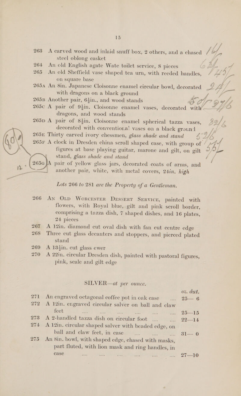  263 A carved wood and inlaid snuff box, 2 others, and a chased (bf, steel oblong casket b 4 264 An old English agate Wate toilet service, 8 pieces é - a a 265 An old Sheffield vase shaped tea urn, with reeded handles, ppd | eo on square base if 2654 An 8in. Japanese Cloisonne enamel circular bowl, decorated By 4 gli with dragons on a black ground ff ; 2658 Another pair, 64in., and wood stands &amp;7 ay ? Gof f 265c A pair of 94in. Cloisonne enamel vases, decorated with” =a jig &lt;d dragons, and wood stands : 265D A pair of 83in. Cloisonne enamel spherical tazza vases, 42/ decorated with conventiona! vases on a black eround 265E Thirty carved ivory chessmen, glass shade and stand 4 we, f, 265¥F A clock in Dresden china scroll shaped case, with group of AS figures at base playing guitar, marone and gilt, on gilt &gt; IPL stand, glass shade and stand La 265G JA pair of yellow glass jars, decorated coats of arms, and _ another pair, white, with metal covers, 24in. high Lots 266 to 281 are the Property of a Gentleman. 266 An OLp Worcester Dessert Service, painted with flowers, with Royal blue, gilt and pink scroll border, comprising a tazza dish, 7 shaped dishes, and 16 plates, 24 pieces 267 A 12in. diamond cut oval dish with fan cut centre edge 268 Three cut glass decanters and stoppers, and pierced plated stand 269 A 134in. cut glass ewer 270 A 22in. circular Dresden dish, painted with pastoral figures, pink, scale and gilt edge SILVER—at per ounce. oz. dut. 271 An engraved octagonal coffee pot in oak case ... 25— 6 272 A 12in. engraved circular salver on ball and claw feet ae a jade oe. Ue .. 25—15 273 A 2-handled tazza dish on circular foot... . 22—J4 274 A 12in. circular shaped salver with beaded edge, on ball and claw feet, in case ort 31— 0 275 An Sin. bowl, with shaped edge, chased mata treks part fluted, with lion mask and ring handles, in case be see ory By ne er 62710