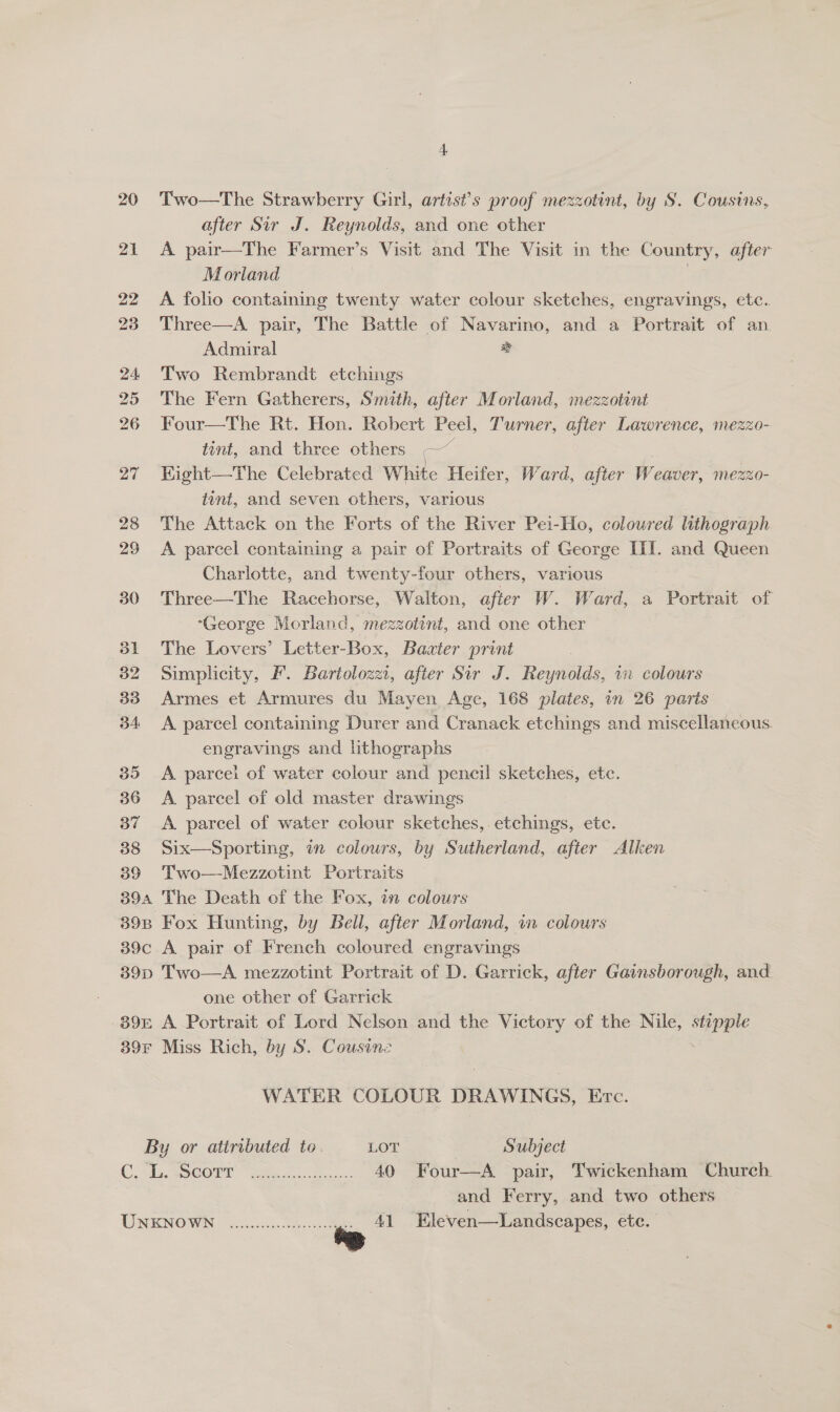 20 Two—The Strawberry Girl, artist’s proof mezzotint, by S. Cousins, after Sir J. Reynolds, and one other 21 &lt;A pair—The Farmer’s Visit and The Visit in the Country, after Morland 22 A folio containing twenty water colour sketches, engravings, etc. 23 Three—A pair, The Battle of Navarino, and a Portrait of an Admiral 24 Two Rembrandt etchings 25 The Fern Gatherers, Smith, after Morland, mezzotint 26 Four—The Rt. Hon. Robert Peel, Turner, after Lawrence, mezzo- tint, and three others —~ 27 Kight—The Celebrated White Heifer, Ward, after Ww eaver, MEZZO- tint, and seven others, various 28 The Attack on the Forts of the River Pei-Ho, coloured lithograph 29 A parcel containing a pair of Portraits of George III. and Queen Charlotte, and twenty-four others, various 30 Three—The Racehorse, Walton, after W. Ward, a Portrait of “George Morland, mezzotint, and one other 31 The Lovers’ Letter-Box, Baater print 32 Simplicity, Ff. Bartolozzi, after Sir J. Reynolds, in colours 83 Armes et Armures du Mayen Age, 168 plates, in 26 parts 34 &lt;A parcel containing Durer and Cranack etchings and miscellaneous. engravings and lithographs | 35 A parcel of water colour and pencil sketches, etc. 36 A parcel of old master drawings 37 &lt;A parcel of water colour sketches,. etchings, etc. 38 Six—Sporting, in colours, by Sutherland, after Alken 89 Two—Mezzotint Portraits 394 The Death of the Fox, in colours 398 Fox Hunting, by Bell, after Morland, in colours 39c A pair of French coloured engravings 39D Two—A mezzotint Portrait of D. Garrick, after Gainsborough, and. one other of Garrick 89r A Portrait of Lord Nelson and the Victory of the Nile, ape 39F Miss Rich, by S. Cousine WATER COLOUR DRAWINGS, Erc. By or atiributed to. LOT Subject CAs SGOT “els ee ee. 40 Four—A pair, Twickenham Church and Ferry, and two others UNKNOWN 41 Eleven—Landscapes, ete.
