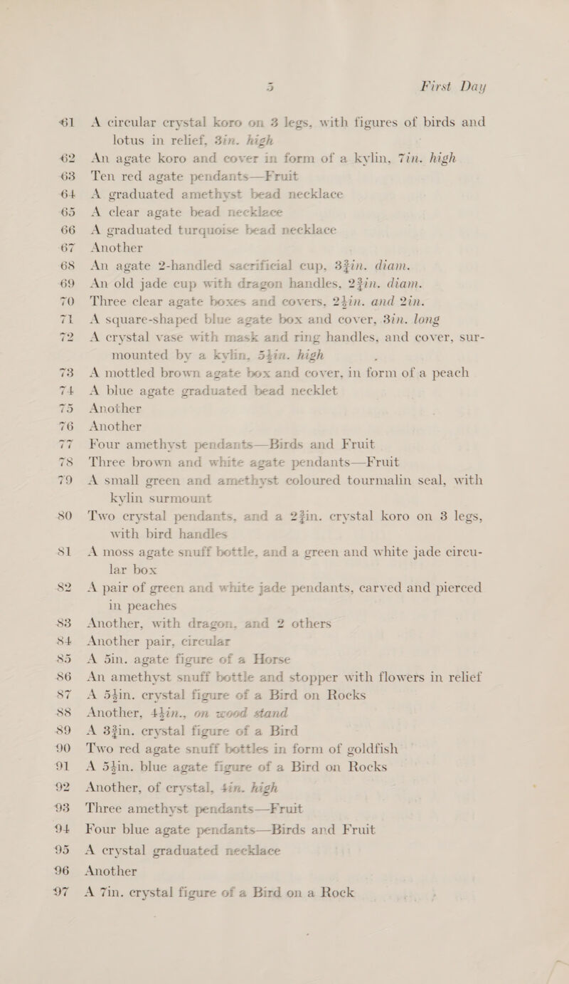 &amp; fosil Aa @&amp;e &amp; &amp; S COWS K&amp; &amp; &amp; BO CS a DE Tis reed fey bo Hee OO bs a St Me Se Co <i Gp Or 95 5 First Day A circular crystal koro on 3 legs, with figures of birds and lotus in relief, 3in. high An agate koro and cover in form of a kylin, 7in. high Ten red agate pendants—Fruit A graduated amethyst bead necklace A clear agate bead necklace A graduated turquoise bead necklace Another | An agate 2-handled sacrificial cup, 337n. diam. An old jade cup with dragon handles, 22in. diam. Three clear agate boxes and covers, 24in. and 2in. A square-shaped blue agate box and cover, .3in. long A crystal vase with mask and ring handles, and cover, sur- mounted by a kylin, 541. high A mottled brown agate box and cover, in form of a peach A blue agate graduated bead necklet Another Another Four amethyst pendants—Birds and Fruit Three brown and white agate pendants—Fruit A small green and amethyst coloured tourmalin seal, with kylin surmount Two crystal pendants, and a 2#in. crystal koro on 3 legs, with bird handles A moss agate snuff bottle, and a green and white jade circu- lar box A pair of green and white jade pendants, carved and pierced in peaches Another, with dragon, and 2 others Another pair, circular A 5in. agate figure of a Horse An amethyst snuff bottle and stopper with flowers in relief A 5t4in. crystal figure of a Bird on Rocks Another, 44in., on wood stand A 33in. crystal figure of a Bird Two red agate snuff bottles in form of goldfish A 5tin. blue agate figure of a Bird on Rocks Another, of crystal, 4in. high Three amethyst pendants—Fruit Four blue agate pendants—Birds and Fruit A crystal graduated necklace Another A 7in. crystal figure of a Bird on a Rock