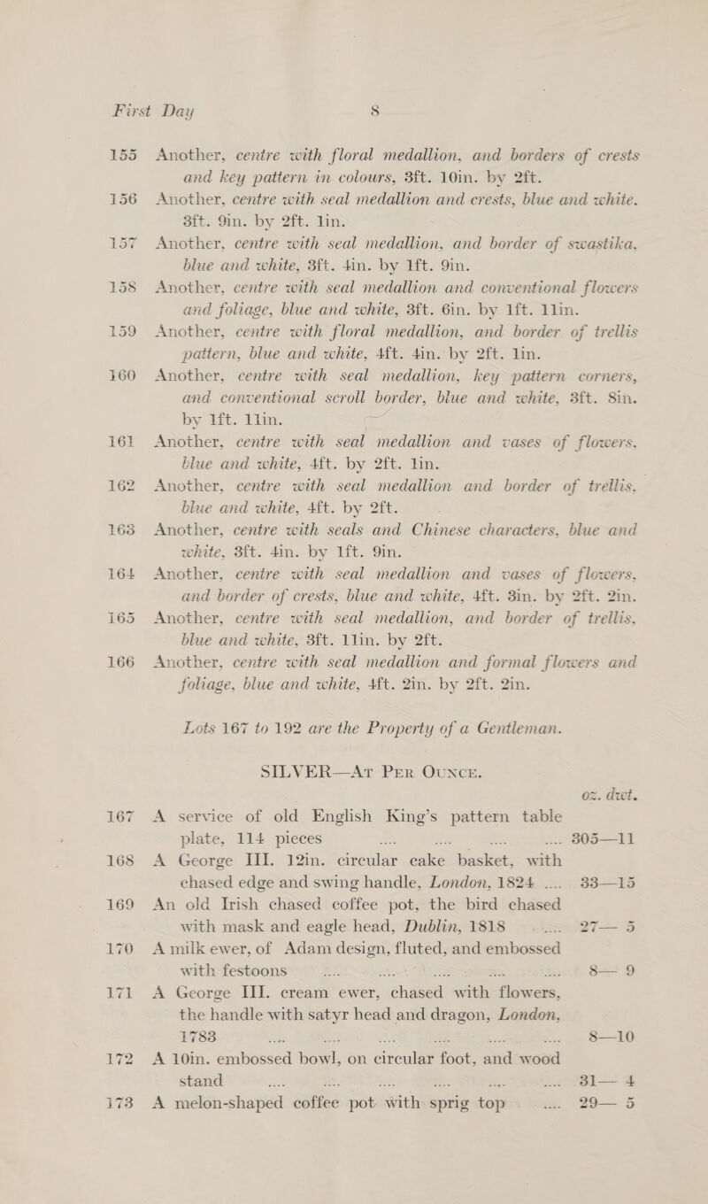 (7a) First Day 155 Another, centre with floral medallion, and borders of crests and key pattern in colours, 3ft. 10in. by 2ft. 156 Another, centre with seal medallion and crests, blue and whiie. ait. Sin. by 2ft. Vins 157 Another, centre with seal medallion, and border of swastika, blue and white, 3ft. 4in. by 1ft. 9in. 158 Another, centre with seal medallion and conventional flowers and foliage, blue and white, 3ft. 6in. by 1ft. 1lin. 159 Another, centre with floral medallion, and border of trellis pattern, blue and white, 4ft. 4in. by 2ft. lin. 160 Another, centre with seal medallion, key pattern corners, and conventional scroll border, blue and white, 3ft. 8in. by 1ft- im. ar 161 Another, centre with seal medallion and vases of flowers, blue and white, 4ft. by 2ft. lin. 162 Another, centre with seal medallion and border of trellis, } blue and white, 4ft. by 2ft. 168 Another, centre with seals and Chinese characters, blue and white, 3ft. 4in. by 1ft. 9in. 164 Another, centre with seal medallion and vases of flowers, and border of crests, blue and white, 4ft. 3in. by 2ft. 2in. 165 Another, centre with seal medallion, and border of trellis, blue and white, 3ft. 1lin. by 2ft. 166 Another, centre with seal medallion and formal flowers and foliage, blue and white, 4ft. 2in. by 2ft. 2in. Lots 167 to 192 are the Property of a Gentleman. SILVER—ArT Per OUNCE. | oz. dwt. 167 <A service of old English King’s pattern table plate, 114 pieces am ua a) ... B305—11 168 A George III. 12in. circular cake basket, with chased edge and swing handle, London, 1824 ..... 33—15 169 An old Irish chased coffee pot, the bird chased with mask and eagle head, Dublin, 1818 .... 27— 3 170 Amilk ewer, of Adam design, cen and embossed with festoons oe ae : 8— 9 171 <A George III. cream ewer, chavedl ida Hamcks, the handle with satyr head and dragon, London, L783 id 8—10 172 A 10in. embossed Ker, on circular fi, ae cise stand me ... 381l— 4