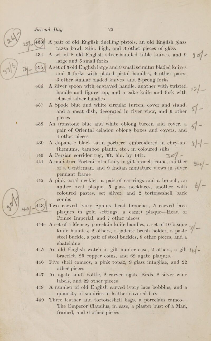 / W/ \ a 3)\ A 'y _ (133) a ‘ a 434: oon 436 ABT : 438 439 44.0 441 AAD A pair of old English duelling pistols, an old English glass tazza bow], 841m. high, and 3 other pieces of glass A set of 8 old English silver-handled table knives, and 9 large and 5 small forks A set of 3 old English large and 3 small scimitar bladed knives and 3 forks with plated pistol handles, 4 other pairs, 3 other similar bladed knives and 2-prong forks A silver spoon with engraved handle, another with twisted handle and figure top, and a cake knife and fork with chased silver handles A Spode blue and white circular tureen, cover and stand, and a meat dish, decorated in river view, and 6 other pieces ) An ironstone blue and white oblong tureen and cover, a 4 other pieces A Japanese black satin portiere, embroidered in chrysan- themums, bamboo plants, etc., in coloured silks A Persian corridor rug, 3ft. 5in. by 14ft. 365] » A miniature Portrait of a Lady in gilt brooch frame, another of a Gentleman, and 9 Indian miniature views in silver pendant frame A pink coral necklet, a pair of ear-rings and a brooch, an amber oval plaque, 5 glass necklaces, another with coloured pastes, set silver, and 2 _tortoiseshell back combs 444 AAS AAG 4A AAS AAQ plaques in gold settings, a camel plaque—Head of Prince Imperial, and 7 other pieces knife handles, 2 others, a jadeite brush holder, a paste steel buckle, a pair of steel buckles, 8 other pieces, and a chatelaine An old English watch in gilt hunter case, 2 others, a gilt bracelet, 25 copper coins, and 62 agate plaques. Five shell cameos, a pink topaz, 9 glass intagliae, and 22 other pieces An agate snuff bottle, 2 carved agate Birds, 2 ates wine labels, and 22 other pieces A number of old English carved ivory lace bobbins, and a quantity of sundries in leather covered box Three leather and tortoiseshell bags, a porcelain cameo— The Emperor Claudius, in.ease, a plaster bust of a Man, framed, and 6 other pieces mee e en i 1] -