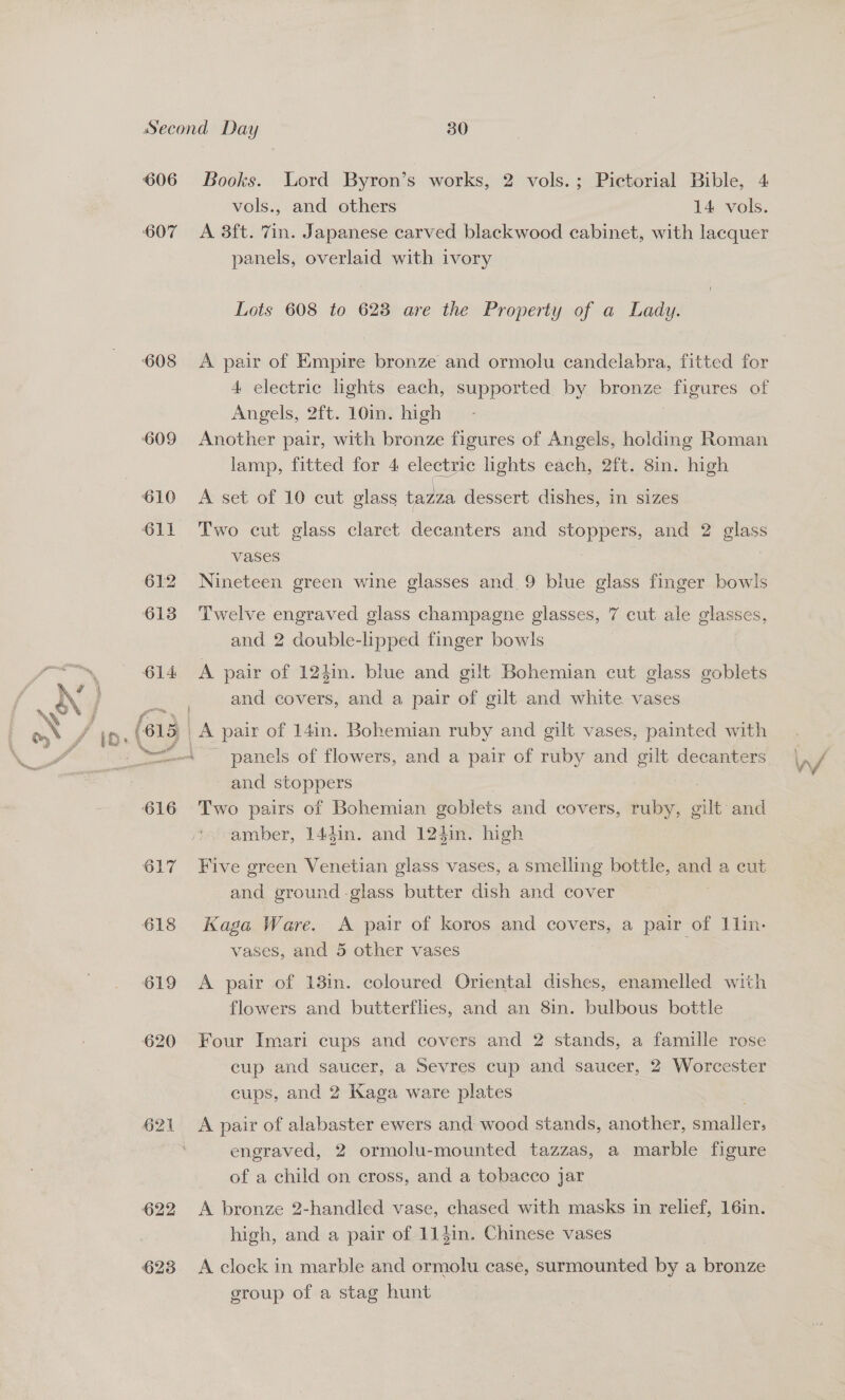607 608 O17 618 619 620 622 623 vols., and others 14 vols. A 3ft. 7in. Japanese carved blackwood cabinet, with lacquer panels, overlaid with ivory Lots 608 to 628 are the Property of a Lady. A pair of Empire bronze and ormolu candelabra, fitted for 4 electric lights each, supported by DEONZe: figures of Angels, 2ft. 10in. high Another pair, with bronze figures of Angels, holding Roman lamp, fitted for 4 electric lights each, 2ft. 8in. high A set of 10 cut glass tazza dessert dishes, in sizes Two cut glass claret decanters and poppe and 2 ae vases Nineteen green wine glasses and 9 blue glass finger bowls Twelve engraved glass champagne glasses, 7 cut ale glasses and 2 double-lipped finger bowls A pair of 124in. blue and gilt Bohemian cut glass goblets and covers, and a pair of gilt and white vases panels of flowers, and a pair of ruby and gilt decanters and stoppers 7 Two pairs of Bohemian goblets and covers, ruby, gilt and amber, 1441n. and 124in. high Five green Venetian glass vases, a smelling bottle, and a cut and ground glass butter dish and cover Kaga Ware. <A pair of koros and covers, a pair of 1lin. vases, and 5 other vases A pair of 13in. coloured Oriental dishes, enamelled with flowers and butterflies, and an 81m. bulbous bottle Four Imari cups and covers and 2 stands, a famille rose cup and saucer, a Sevres cup and saucer, 2 Worcester cups, and 2 Kaga ware plates A pair of alabaster ewers and: wood stands, another, sinolley, engraved, 2 ormolu-mounted tazzas, a marble figure of a child on cross, and a tobacco jar A bronze 2-handled vase, chased with masks in relief, 16in. high, and a pair of 114in. Chinese vases A clock in marble and ormolu case, surmounted by a bronze group of a stag hunt