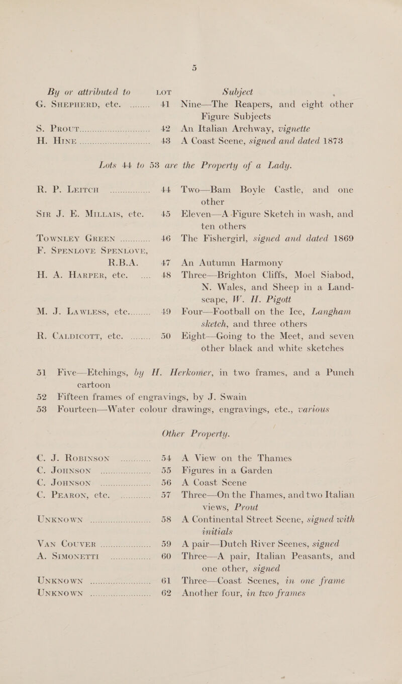 G. SHEPHERD, etc. Uc Roel 2 LN ee cee ee ne 4] 42 43 Or Nine—The Reapers, and eight other Figure Subjects An Italian Archway, vignette A Coast Scene, signed and dated 1873 Rep. Lermcn Sin J. EH. MILiuats, etc. TOWNLEY GREEN ............ F. SPENLOVE SPENLOVE, R.B.A. H. A. Harper, ete. Meo. LA WEESS ete... Ri CALPIcoTT, etc. 4 45 +6 AZ 48 49 30 Two—Bam Boyle Castle, and one other EHleven—A Figure Sketch in wash, and ten others The Fishergirl, signed and dated 1869 An Autumn Harmony Three—Brighton Cliffs, Moel Siabod, N. Wales, and Sheep in a Land- scape, W. H. Pigott Four—Football on the Ice, Langham sketch, and three others Kight—Going to the Meet, and seven other black and white sketches cartoon €. J. Ropinson C. JOHNSON C Cc . JOHNSON . PEARON, etc. UNKNOWN Van COUVER A. SIMONETTI UNKNOWN UNKNOWN A View on the Thames Figures in a Garden A Coast Scene Three—On the Thames, and two Italian views, Prout A Continental Street Scene, signed with initials | A pair—Dutch River Scenes, segned Three—A pair, Italian Peasants, and one other, segned Three—Coast Scenes, in one frame Another four, in two frames