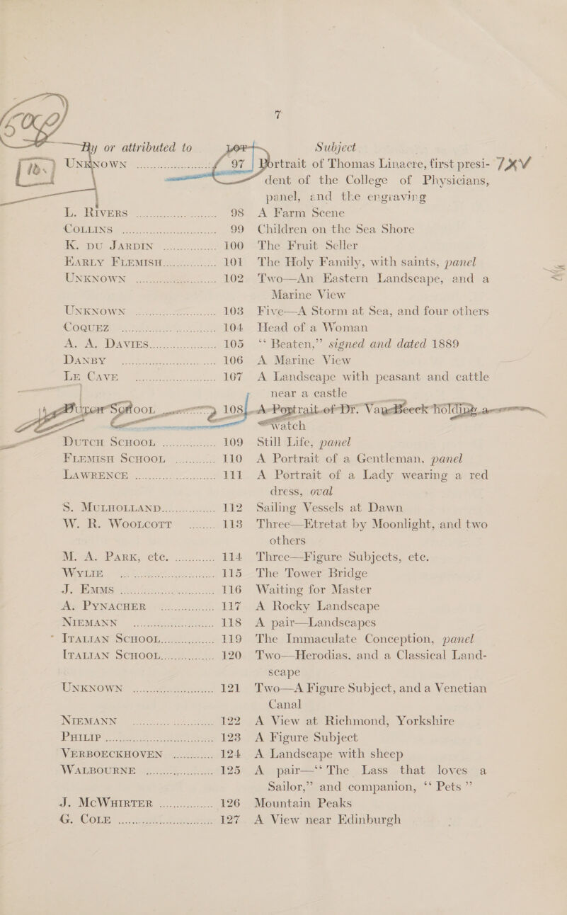   a y or attributed to Lor (=) } UNKNOWN vie ie ¢ gas of the ler: of Tee    oe panel, and the engraving Re PVRS” 3. seo deduce 98 <A Farm Scene SOMMANG Oe. Aa iene 99 Children on the Sea Shore Ke DU JARDIN: S20.02 00.4 100 The Fruit Seller HWARLY EQEMISH 2. 20... 101. The Holy Family, with saints, panel WNENOWN -<coeeeee 102. Two—An Eastern Landscape, and a Marine View \ENKNO Wie Se oc 108 Five—A Storm at Sea, and four others COONAN Nig RS ACRATE ea 104 Head of a Woman Be DAVIS a ek 105 ‘* Beaten,’ signed and dated 1889 8 OS eet nt: 106 A Marine View a iy re a 107 A Landscape with peasant and cattle ; near a castle soe a ‘por pie _ eee 108. on ne trait.ef DF. VayeBe   RH SSSI   ey rateh  a” ee ae neon lehet eee 109 Still Life, panel FLEMISH SCHOOL ............ 110 A Portrait of a Gentleman. panel IG ic) DEN 6 ane ee ee 111 A Portrait of a Lady wearing a red dress, oval SMU LMOmiaANDY os. au... 112 Sailing Vessels at Dawn Wi. WOOneORT ~ sce. 113 Three—Etretat by Moonlight, and two others LAs AUS CUO. ake... 5 114 Three—Figure Subjects, ete. 2, Oa Soe a 115 The Tower Bridge Bi ag 00) | eg a eee ee 116 Waiting for Master We PYNRORER S77 s..v005.% 117 A Rocky Landscape INGEMEAIIND sree ibs 118 A pal PrAckAy SCHOOL a a5.2..: 119 The Immaculate Conception, panel IPATIAN SCHOOW 2725.00: 120 Two—Herodias, and a Classical Land- scape UN NOWING 2.0: taeda ee 121 Two—A Figure Subject, and a Venetian Canal INTE MANN 50 ool eee 122 A View at Richmond, Yorkshire Pikes ote rae Naa 9 oie 123 A Figure Subject VERBOECKHOVEN 9.....2..1.) 124 A Landscape with sheep W ABBOURRE 474650. chat: 125 A pair—‘‘ The Lass that loves a Sailor,” and companion, ‘‘ Pets ”’ Ala) (0) 5:00.00) en 126 Mountain Peaks