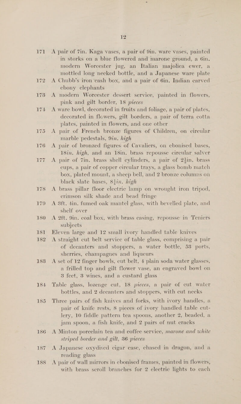 171 183 186 187 188 12 A pair of 7in. Kaga vases, a pair of 9in. ware vases, painted in storks on a blue flowered and marone ground, a 6in. modern Worcester jug, an Italian majolica ewer, a mottled long necked bottle, and a Japanese ware plate A Chubb’s iron ‘eash box, and a pair of 6in. Indian carved ebony elephants A modern Worcester dessert service, painted in flowers, _ pink and gilt border, 18 pieces A ware bowl, decorated in fruits and foliage, a pair of plates, decorated in flowers, gilt borders, a pair of terra cotta plates, painted in flowers, and one other A pair of French bronze figures of Children, on cireular _marble pedestals, 97n. high A pair of bronzed figures of Cavaliers, on ebonised bases, 18in. high, and an {8in. brass repousse. circular salver A pair of 7in. brass shell cylinders, a pair of 24in. brass . cups, a pair of copper circular trays, a glass bomb match box, plated mount, a sheep bell, and 2 bronze eolumns on black slate bases, 8j7n. high A brass pillar floor electric lamp on wrought iron tripod, erimson silk shade and bead fringe A 3ft. 4in. fumed oak mantel glass, with bevelled plate, and shelf over | A 2ft. 9in. coal box, watt brass casing, repousse in Teniers subjects : Eleven large and 12 small ivory handled table knives A straight cut belt service of table glass, comprising a pair of decanters and stoppers, a water bottle, 53 ports, sherries, champagnes and liqueurs A set of 12 finger bowls, cut belt, 4 plain soda water elasses, a frilled top and gilt flower vase, an engraved bowl on 3 feet, 3 wines, and a custard glass Table glass, lozenge cut, 18 pieces; a pair of cut. water bottles, and 2 decanters and stoppers, with cut necks Three pairs of fish knives and forks, with ivory handles, a pair of knife rests, 8 pieces of ivory handled table cut- lery, 10 fiddle pattern tea spoons, another 2, beaded, a jam spoon, a fish knife, and 2 pairs of nut cracks A Minton porcelain tea and coffee service, marone and white striped border and gilt, 36 pieces A Japanese oxydised cigar case, chased in dragon, and a reading glass | A pair of wall mirrors in ebonised frames, painted in flowers,