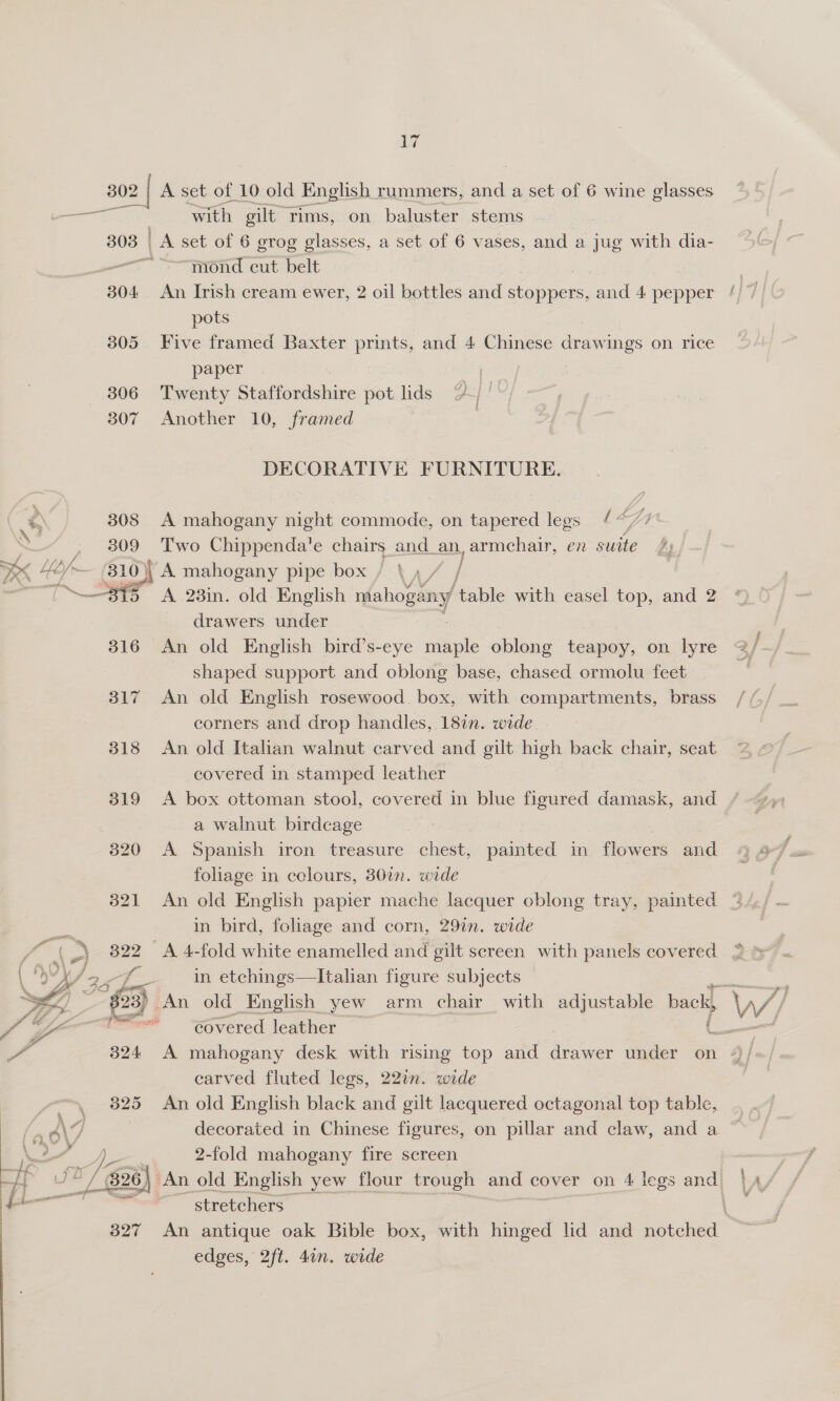 302 | A set of 10 old English rummers, and a set of 6 wine glasses ear tee with gilt rims, on baluster stems 303 | A set of 6 grog glasses, a set of 6 vases, and a jug with dia- —— “—Hiond cut belt 304 An Irish cream ewer, 2 oil bottles and Menace and 4 pepper pots 305 Five framed Baxter prints, and 4 Chinese nee ings on rice paper 306 Twenty Staffordshire pot lids 7 | 307 Another 10, framed DECORATIVE FURNITURE. 2 308 A mahogany night commode, on tapered legs / “7/7 S 309 Two Chippenda’e chairs and an, armchair, en suite J; Rx He) fn 310) 0) A mahogany pipe box / } 4 / 7, | ‘ “— 315 A 28in. old English nishogany ‘table with easel top, and 2 drawers under 316 An old English bird’s-eye seas oblong teapoy, on lyre shaped support and oblong base, chased ormolu feet 317 An old English rosewood box, with compartments, brass corners and drop handles, 18in. wide 318 An old Italian walnut carved and gilt high back chair, seat covered in stamped leather 319 &lt;A box ottoman stool, covered in blue figured damask, and a walnut birdcage 820 &lt;A Spanish iron treasure chest, painted in flowers and foliage in colours, 367n. wide 3821 An old English papier mache lacquer oblong tray, painted = in bird, foliage and corn, 29in. wide “s \9 322 A 4-fold white enamelled and gilt sereen with panels covered é io g 324 325 aAoy A £.    327 in etchings—lItalian figure subjects covered leather carved fluted legs, 22in. wide An old English black and gilt lacquered octagonal top table, 2-fold mahogany fire screen stretchers. edges, 2ft. 4an. wide