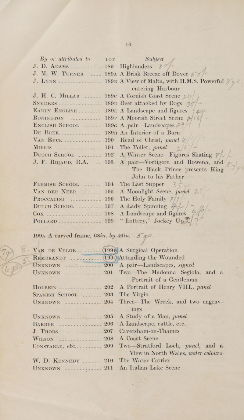 By or attributed to ROE Subject Js DD. AWwaAnis 2 cc Fes 189 Highlanders ; J. M.-W. TourRNER os 1894 A Brisk Breeze off I Dover 4 J) MASERU SON, lees Ie 1898 A View of Malta, with H.M.S. Powerful * » entering Harbour Sogo. Cy Naa R Ase. < 189c A Cornish Coast Scene 421/ | DNR Sve S. «00... g, cna 189p Deer attacked by Dogs 77) - BARLY ENGLIS#................ 189 A Landscape and figures | $e : DONINGTON -4e.0caeee 189% A Moorish Street eae p46 b ENGLISH SCHOOL. ....2....... 189¢ A pair—Landscapes &amp;” 7 WE AB REE ee Ski ask ek 189H An Interior of a Barn NSEC Weis A. 190 Head of Christ, panel / 1h CET 2 Sil ltt 191 Dwurcu ScHoo0t. ~.2.2. 6...) 192 J aircRieawp: RAS 198 FLEMISH \SCHOOL. ............ 194 VAN DER NEES. .......... 195 PROCECACIME, {oN 196 HUCCH SCHOO ch. 2k 197 COs SO ass. eh eee 198 The Toilet, panel A Winter Scene—Figures Siamese 7 1. The Black Prince presents ae ; John to his Father The Last Supper A Moonlight Scene, panel The Holy Family 7/7 A Lady Spinning 4.) / f A Landscape and figures ¢ rs ‘* Lottery,” Jockey UpZ/ Be WRENIOWN: “occas A eee 201 PPOUPEEN Ah eo eek ed, 5-202 SPANISH SCHOOE, ~4:.2)...2.. 2038 UREN OWN: coer ok es 204. UNENOWAR Re nocsk 205 PAR BUR oie. Ser. .c cee 206 S., Varome a. Sa 207 WELSORe ae eS ok ee 208 CONSTABLE. €UG.2. cs. 209 W. D. KENNEDY. ....55.-&amp;: 210 UNKNOWN ~ 386 ie is \ aes \ WAN DE Wimiaoey 3-63: (oon A Sirgiecil Operation ~ REMBRANDT ......... MES nee . 199g)Attending the Wounded ”TINKNOWN ........ vn 860 A pair—Landseapes, signed Two—The Madonna Segiola, and a Portrait of a Gentleman A Portrait of Henry VIII., panel The Virgin Three—The Wreck, and two engray- ings A Study of a Man, panel A Landscape, cattle, etc. Caversham-on-Thames A Coast Scene _ Two—Stratford Loch, panel, and a View in North Wales, water colours The Water Carrier An Italian Lake Scene