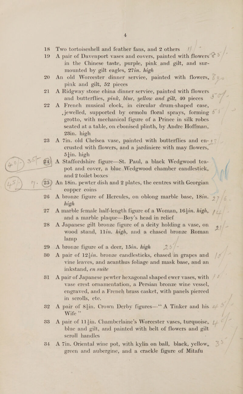 18 19 20 21 22 Meise! 28 29 30 31 33 34 Two tortoiseshell and feather fans, and 2 others in the Chinese taste, purple, pink and gilt, and sur- mounted by gilt eagles, 27in. high pink and gilt, 52 pieces A Ridgway stone china dinner service, painted with flowers. and butterflies, pink, blue, yellow and gilt, 40 pieces A French musical clock, in circular drum-shaped case, erotto, with mechanical figure of a Prince in silk robes. seated at a table, on ebonised plinth, by Andre Hoffman, 23in. high 5iin. high pot and cover, a blue Wedgwood chamber candlestick, and 2 toilet boxes copper coins A bronze figure of Hercules, on oblong marble base, 187. high and a marble plaque—Boy’s head in relief A Japanese gilt bronze figure of a deity holding a vase, on wood stand, llin. high, and a chased bronze Roman lamp 9 2 vine leaves, and acanthus foliage and mask base, and an inkstand, en swite d A pair of Japanese pewter hexagonal shaped ewer vases, with vase crest ornamentation, a Persian bronze wine vessel, engraved, and a French brass casket, with panels pierced in scrolls, ete. &lt;7 Wite ” blue and gilt, and painted with belt of flowers and git scroll handles green and aubergine, and a crackle figure of Mitafu