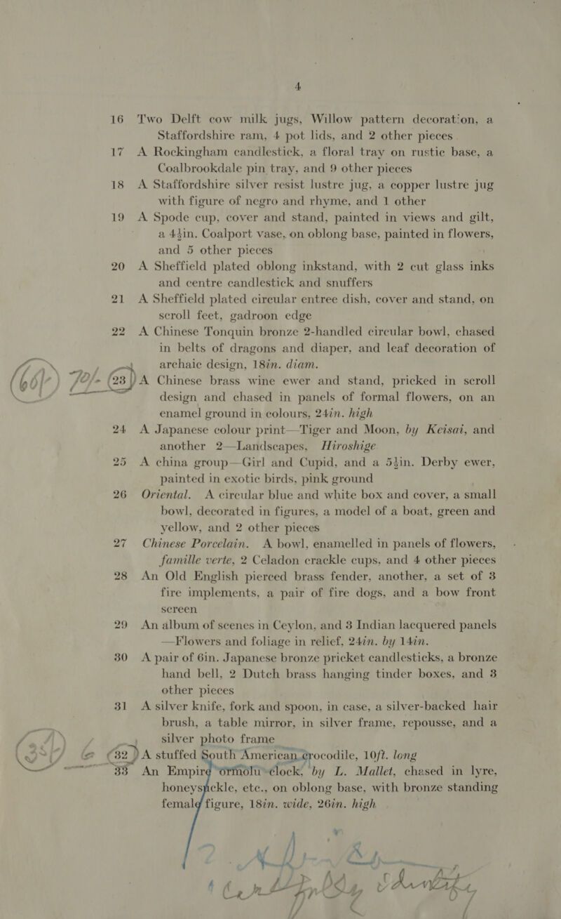 16 Two Delft cow milk jugs, Willow pattern decoration, a Staffordshire ram, 4 pot lids, and 2 other pieces 17 A Rockingham candlestick, a floral tray on rustic base, a Coalbrookdale pin tray, and 9 other pieces 18 A Staffordshire silver resist lustre jug, a copper lustre jug with figure of negro and rhyme, and 1 other 19 &lt;A Spode cup, cover and stand, painted in views and gilt, a 44in. Coalport vase, on oblong base, painted in flowers, and 5 other pieces 20 A Sheffield plated oblong inkstand, with 2 cut glass inks and centre candlestick and snuffers 21 A Sheffield plated circular entree dish, cover and stand, on scroll feet, gadroon edge 22 A Chinese Tonquin bronze 2-handled circular bowl, chased in belts of dragons and diaper, and leaf decoration of Ty, Ge: ee archaic design, 18in. diam. (is) 7o/- Ga) a Chinese brass wine ewer and stand, pricked in scroll Pec! design and chased in panels of formal flowers, on an enamel ground in colours, 24in. high | 24 A Japanese colour print—Tiger and Moon, by Keisai, and another 2—Landscapes, Hiroshige A china group—Girl and Cupid, and a 54in. Derby ewer, painted in exotic birds, pink ground 26 Oriental. &lt;A circular blue and white box and cover, a small bowl, decorated in figures, a model of a boat, green and yellow, and 2 other pieces 27 Chinese Porcelain. A bowl], enamelled in panels of flowers, famille verte, 2 Celadon crackle cups, and 4 other pieces 28 An Old English pierced brass fender, another, a set of 3 fire implements, a pair of fire dogs, and a bow front screen 29 An album of scenes in Ceylon, and 3 Indian lacquered panels —F lowers and foliage in relief, 24¢n. by 147n. 30 A pair of 6in. Japanese bronze pricket candlesticks, a bronze hand bell, 2 Dutch brass hanging tinder boxes, and 3 other pieces | 31 A silver knife, fork and spoon, in case, a silver-backed hair brush, a table mirror, in silver frame, repousse, and a ’ ) ro” silver photo frame (9-7 @&amp; (a2 )A stuffed South American. crocodile, 10ft. long SY 38) An Empir “ormolu»dlock: by L. Mallet, chased in lyre, honeysjickle, ete., on oblong base, with bronze standing femal figure, 18in. wide, 26in. high i) eri 