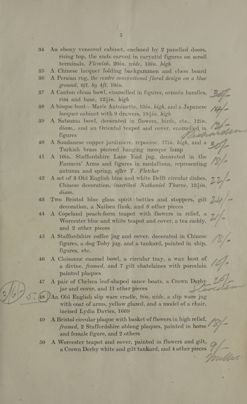 34 35 36 37 38 39 40 Al A2 43 44 A5 46 49 50 or An ebony veneered cabinet, enclosed by 2 panelled doors, rising top, the ends carved in caryatid figures on scroll terminals, Flemish, 20in. wide, 13in. high A. Chinese lacquer folding backgammon and chess board A Persian rug, the centre conventional floral design on a blue ground, 6ft. by 4ft. 10in. A Canton china bowl, enamelled in figures, ormolu handles, rim and base, 123in. high A bisque bust—Marie Antoinette, 13in. high, and a Japanese lacquer cabinet with 9 drawers, 193in. high A. Satsuma bowl, decorated in flowers, birds, ete., 12in. figures WL Turkish brass pierced hanging mosque lamp A 10in. Staffordshire Lane End jug, decorated in the autumn and spring, after T. Fletcher A set of 8 Old English blue and white Delft circular dishes, Chinese decoration, inscribed Nathaniel Thorne, 133in. diam. *) decoration, a Nailsea flask, and 8 other pieces A Copeland peach-form teapot with flowers in relief, a and 2 other pieces A. Staffordshire coffee jug and cover, decorated in Chinese figures, a dog Toby jug, and a tankard, painted in ship, figures, etc. | A Cloisonne enamel bowl, a circular tray, a wax bust of a divine, framed, and 7 gilt chatelaines with porcelain painted plaques jar and cover, and 11 other pieces Ste 4s )An Old English slip ware cradle, 9in. wide, a slip ware jug with coat of arms, yellow glazed, and a model of a chair, incised Lydia Davies, 1669 A Bristol circular plaque with basket of flowers in high relief, framed, 2 Staffordshire oblong plaques, painted in horse and female figure, and 2 others A Worcester teapot and cover, painted in flowers and gilt, a Crown Derby white and gilt tankard, and 4 other pieces oY gf . -»