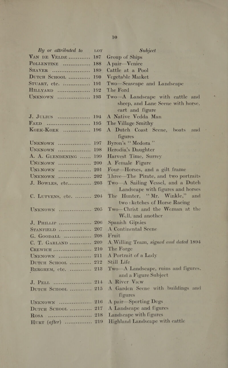 aN DE SVELD Es cacst shed 187 MOLEEN TINE. so danestastiars 188 teen Bia chs wees sc ccene 189 PIUTOH SCHOOL sts saaarvcs 190 prrwenenr, CLG. Ose. Gpecaa cians 191 LTE RY) ~ «2s 0's, Aucaeeens aes 192 MIPERITO WN &lt;cocicle veshiuaee aks 1938 BE Sc) UL SLPS » hie teunns woes bales 194 CUNT RAR RRMA peo mae alate 195 KOEK-KOEK. ...so0se&lt;ss5+s: 196 UNENOWN {..:::sadeetlee 197 ROM RMOWN | sii accarcnderaghe 198 A. A. GLENDENING ...... 199 REMMOMOVWYN © cic veaeds vacceves 200 RPE MAVEN ache bone iemsan 201 RENTON ines x sshaedbet ects 202 PRPS, ebG...: Becctuete 203 ty LUT VENG. peUGs sco. sacee 204 LINENOWN Yhiisctiicmnrees 205 4 Pe ie eer 206 STN PIE LD) iveysss+3ayenan nets 207 (2. MSOODALIi wi sss deen 208 . T'. GARLAND svaevsnues 209 EE WICH pies taken save 210 LIREKNO WN i sss cece Veer ee 211 Dutcu SCHOOL. .%.....0---: 212 BERGHEM, Ct. ...+eseeee 213 d..-PRESic:... accra 214. DutcH SCHOOL ...s-0.+660- 215 LIEN OWN | savee04 abyss 216 Doren. SCHOOL (yces0&lt;+0ae Bit ROSA pactes ie ces 218 Hurr (after) ...icdsvaeeses 219 10 Group of Ships A pair—Venice Cattle at a Pool Vegetable Market Two—Seascape and Landscape The Ford Two—A Landscape with cattle and Sheep, and Lane Scene with horse. cart and figure A Native Vedda Man The Village Smithy A Dutch Coast figures Byron’s *‘ Medora ”’ Herodia’s Daughter Harvest Time, Surrey A Female Figure Four—Horses, and a gilt frame ‘Lhree—The Pirate, and two portraits Two—A Sailing Vessel, and a Dutch Landscape with figures and horses The Hunter, ‘‘ Mr. Winkle,” and two &lt;ketches of Horse Racing Two—Christ and the Woman at the Well, and another Spanish Gipsies A Continental Scene Fruit A Willing Team, signed and dated 1894 The Forge A Portrait of a Lady Still Life Two—A Landscape, ruins and figures. and a Figure Subject A River View A Garden Scene with buildings and Seene, boats and figures A pair—Sporting Dogs A Landscape and figures Landscape with figures Highland Landscape with cattle