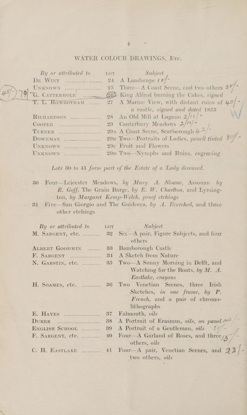 By or attributed to LOT Subject , Deo WN ie 2. Ee chee 24 A Landscape / &amp;/* | Mees 9S MN OWN. 5 on cera 25 Three—A Coast Scene, and two others 30) oie jt ) 19%. CaTrERMOLE, ee King Alfred burning the Cakes, signed 2 T. Ly ROWBOTHAM ......... 27 A Marine View, with distant ruins of 4.0] ad a castle, signed and dated 1853 i IRSCHARDSON “2.)k-ts-coetes 28 An Old Mill at Lugano 2 ho} - WV COOP 92... tad Pune 29 Canterbury Meadows 2/ /14} } ORIN, = ee oe 294 A Coast Scene, Scarborough 4- af eds WVOWNMAN. sede isiy..geyecsv cer 298 Two—Portraits of Ladies, pencil tinted 3 - MINION OWNING $5, osa3. 8 0 ce 29c' Fruit and Flowers. WINE NOW Mac Reon 29p Two—Nymphs and Ruins, engraving by Mary A. Sloane, Assouan by other etchings By or attributed to LOT IM. SARGENT: @b¢s (.5..1.... 32 ALBERT GOODWIN __........ 33 Ie AG WINE os Oo heen 34 INS (GGARSTIN,. C8Co oo). i oe I, Soumims,2el@s ....cek: 36 Hetbbaweis 525 ean. 37 OGRE © ee eas 38 HNGwism SCHOOL: .......:....: 39 Fe SARGENT, ELC. .o5c.0- AO Oa TC UR ASTI oe. hae Al — Subject | Six—aA, pair, Figure Subjects, and four others Bamborough Castle A Sketch from Nature Two—A Sunny Morning in Delft, and Watching for the Boats, by M. A. Eastlake, crayons Sketches, am one frame, by P. hthographs Falmouth, oils A Portrait of a Gentleman, oils others, oils ‘two others, ots =