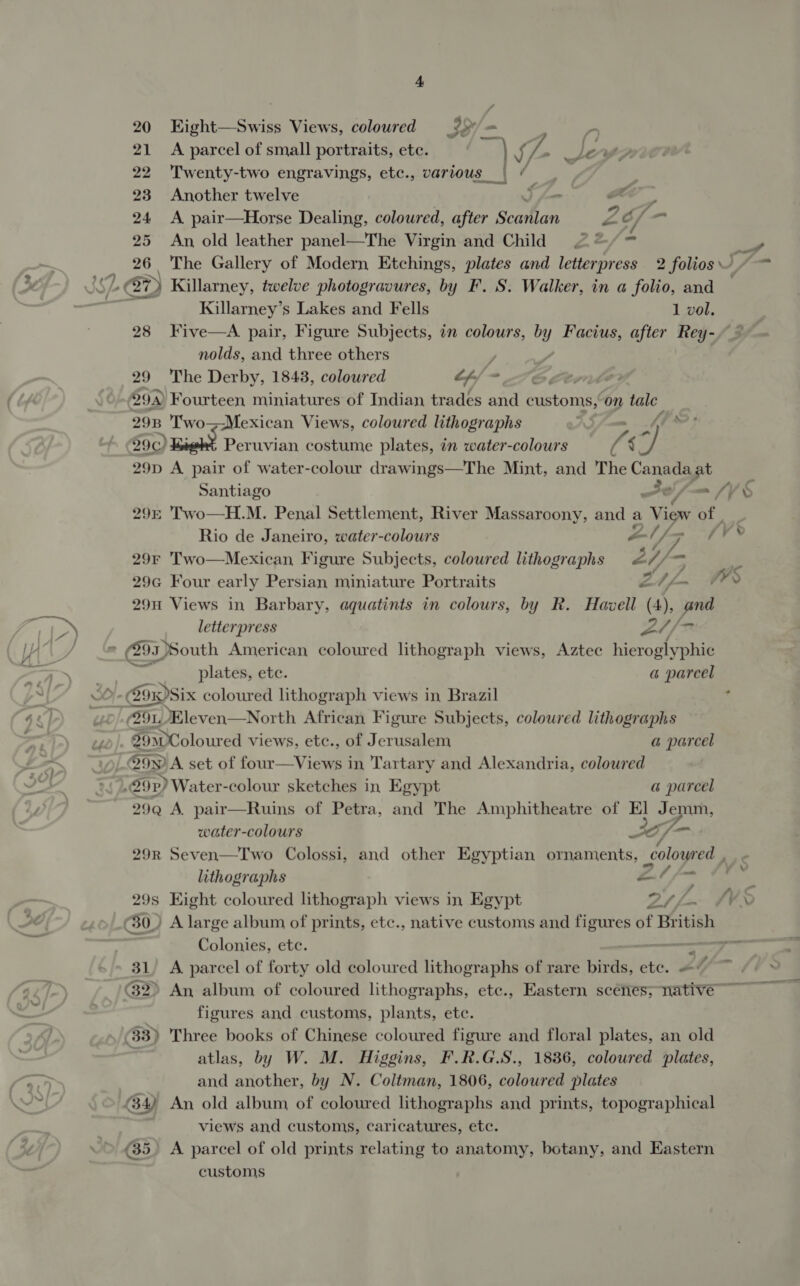 : 20 Eight—Swiss Views, coloured 29 = 21 A parcel of small portraits, ete. a J, ig! 22 Twenty-two engravings, etc., various s | | 23 Another twelve ) pm ai 24 &lt;A pair—Horse Dealing, coloured, after Noatige Zo/- 25 An old leather panel—The Virgin and Child 2% = Killarney’s Lakes and Fells 1 vol. 28 Five—A pair, Figure Subjects, in colours, bz y Facius, after Rey- nolds, and three others ’ 29 The Derby, 1843, coloured t/- ler 294) Fourteen miniatures of Indian trades and nto on tale 298 Two ~+Mexican Views, coloured lithographs 290) Peruvian costume plates, in water-colours / § ee 29p A pair of water-colour drawings—The Mint, and The Canada y r 295 Two—H.M. Penal Settlement, River Massaroony, and a ‘Migw ae Rio de Janeiro, water-colours al, Uy | 29F Two—Mexican Figure Subjects, coloured lithographs 2/) i f —- Yo 29H Views in Barbary, aquatints in colours, by R. Havell (A), and letterpress Al /&gt; a plates, etc. a@ parcel 291 Eleven—North African Figure Subjects, coloured lithographs 29DColour ed views, etc., of Jerusalem a parcel 29N) A set of four—Views in Tartary and Alexandria, coloured 29) Water-colour sketches in Egypt a parcel 29Q A. pair—Ruins of Petra, and The Amphitheatre of El oo aes water-colours ES i ’ 29R Seven—Two Colossi, and other Egyptian ornaments, coloured ‘ lithographs a7 7 29s Kight coloured lithograph views in Egypt Dt Ln (30) A large album of prints, etc., native customs and figures of British Colonies, ete. _ | 31, A parcel of forty old coloured lithographs of rare pirate etc. #4 figures and customs, plants, etc. 33) Three books of Chinese coloured figure and floral plates, an old  atlas, by W. M. Higgins, F.R.G.S., 1836, coloured plates, and another, by N. Coltman, 1806, coloured plates (34) An old album of coloured lithographs and prints, topographical views and customs, caricatures, etc. Yee customs