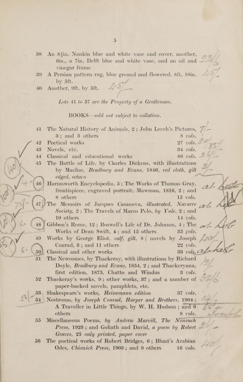 38 An 84in. Nankin blue and white vase and cover, another, 6in., a 7in. Delft blue and white vase, and an oil and - vinegar frame ji 39 &lt;A Persian pattern rug, blue ground and flowered, 8ft. 10in. by oft. Pay 40 Another, 9ft. by 5ft. ; &gt; Lots 41 to 57 are the Property of a Gentleman. BOOKS—-sold not subject to collation. 41 The Natural History of Animals, 2; John Leech’s Pictures, //— 3; and 3 others 8 vols. 6 Poetical works 27 vols. &amp;? ae Novels, etc. 34 vols. _ b : Classical and educational works ? 86 vols, = © The Battle of Life, by Charles Dickens, with illustrations by Maclise, Bradbury and Kvans, 1846, red cloth, ase edged, octavo } Harmsworth Encyclopedia, 5 ; The Works of Thomas Gray, frontispiece, engraved portrait, Mawman, 1816, 2; and ; 8 others 15 vols. y The Memoirs of Jacques Casanova, illustrated, Navarre » £ Society, 2; The Travels of Marco Polo, by Yule, 2; and     2 jae _ 10 others 14 vols. \e ) {,° (48 ] Gibbon’s Rome, 12 ; Boswell’s Life of Dr. Johnson, 4; The Py A ES aad a 4 Works of Dean Swift, 4; and 15 others 35 vols. g | oy &gt; a 49 Works by George Eliot, calf gilt, 8; novels by Joseph Lat, | 5 f 3 “ Conrad, 3; and 11] others 29. vols. Lie K ¥ al Ga) Classical and ‘tae works 33 vol 2 51 The New comes, by Thackeray, with illustrations by Richard da / Doyle, Bradbury and Evans, 1854, 2; and Thackeryana, first edition, 1875, Chatto and Windus S vols, 4 52 Thackeray’s works, 9; other works, 37; and a number of Ted he paper-backed novels, pamphlets, etc. al 53, Shakespeare’s works, Heinemann edition 37 vols. 54 , Nostromo, by Joseph Conrad, Harper and Brothers, 1904 ; J pgp a _ eas LEY RADE ARIES A Traveller in Little Things, by W. H. Hudson ; and aa io others 8 vols. _arerde toe, é 55 Miscellaneous Poems, by Andrew Marvill, The Nonsuch Press, 1923 ; and Goliath and David, a poem by Robert Graves, 25 only printed, paper cover 56 The poetical works of Robert Bridges, 6; Blunt’s Arabian Odes, Chiswick Press, 1903 ; and 9 others 16 vols.