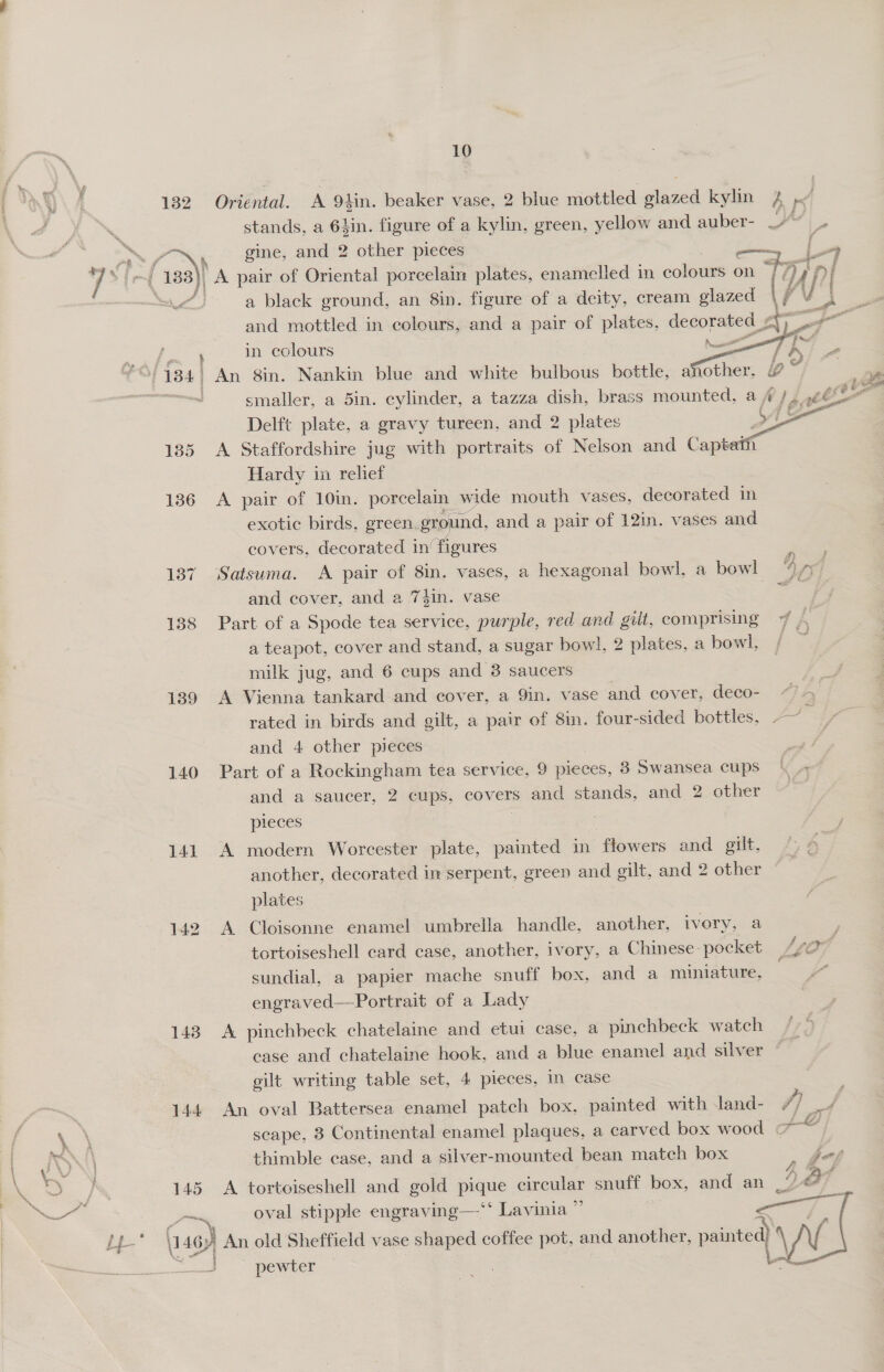 132 ( 138)) 139 140 141 142 143 144 145 Pag, x 10 stands, a 6tin. figure of a kylin, green, yellow and auber- A pair of Oriental porcelain plates, enamelled in colours on a black ground, an 8in. figure of a deity, cream Sher and mottled in colours, and a pair of plates, decorated _¢ in colours An 8in. Nankin blue and white bulbous bottle, a other Delft plate, a gravy tureen, and 2 plates A Staffordshire jug with portraits of Nelson and Captat Hardy in relief A pair of 10in. porcelain wide mouth vases, decorated in exotic birds, green, ground, and a pair of 12in. vases and covers, decorated in’ figures Satsuma. &lt;A pair of 8in. vases, a hexagonal bowl, a bowl and cover, and a 7#in. vase Part of a Spode tea service, purple, red and gilt, comprising a teapot, cover and stand, a sugar bowl, 2 plates, a bowl, milk jug, and 6 cups and 38 saucers A Vienna tankard and cover, a 9in. vase and cover, deco- rated in birds and gilt, a pair of 8in. four-sided bottles. and 4 other pieces Part of a Rockingham tea service, 9 pieces, 3 Swansea cups and a saucer, 2 cups, covers and stands, and 2 other pieces | A modern Worcester plate, painted in ‘flow ers and gilt, another, decorated in serpent, green and gilt, and 2 other plates | A Cloisonne enamel umbrella handle, another, ivory, a tortoiseshell card case, another, ivory, a Chinese: pocket sundial, a papier mache snuff box, and a miniature, engraved—Portrait of a Lady A pinchbeck chatelaine and etui case, a pinchbeck watch case and chatelaine hook, and a blue enamel and silver gilt writing table set, 4 pieces, in case thimble case, and a silver-mounted bean match box oval stipple engraving—‘‘ Lavinia ” pewter     