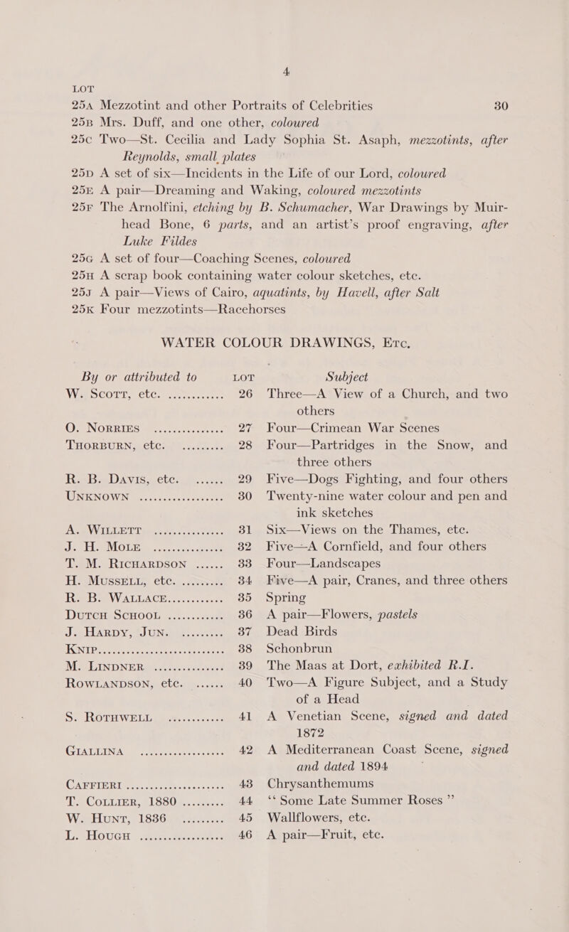 LOT 4 30 Luke Fildes By or attributed to LOT Wen corre ctC.. 2 e... 26 GC) NORRIES er eee 27 ‘DHORBURNmOLG ea st ks 28 Reba DAviIS metcnmr. cet 29 WNIGNOWNoos. acces ee eee 30 ASE Tae. oe 31 4URAGS Neier a eae os 32 ey) | RICHARDSON ©4..., 83 He ALUSSELL. ets. 2a. 34 RRB ReAVVALLACE*.,...5c.ek 35 DuteneScHook 44... 4s 36 eLUSR Dye.) Uinta: hee 37 1 SW Eade 8 ne aI Rerum Sen ee 38 MSELIND NE RG Steet eee 39 RoOwWLANDSON, etc. ...... 40 So UNO DH WE Uae... ce. ce Al GTATCINAs boa er a cere 42 GAETTDR Tere cu ee ccc k cae A3 ‘LE COLLIER, BLSSO8, See. 4.4 Weelunt, -ES8Gha a. ae 45 Be Sy 46 L. Houecxu Subject Three—A View of a Church, and two others Four—Crimean War Scenes Four—Partridges in the Snow, and three others Five—Dogs Fighting, and four others Twenty-nine water colour and pen and ink sketches Six—Views on the Thames, etc. Five—A Cornfield, and four others Four—Landscapes Five—A pair, Cranes, and three others Spring A pair—F lowers, pastels Dead Birds Schonbrun The Maas at Dort, exhibited R.I. Two—A Figure Subject, and a Study of a Head . A Venetian Scene, signed and dated 1872 A Mediterranean Coast Scene, signed and dated 1894 Chrysanthemums ‘* Some Late Summer Roses ” A pair—Fruit, etc.