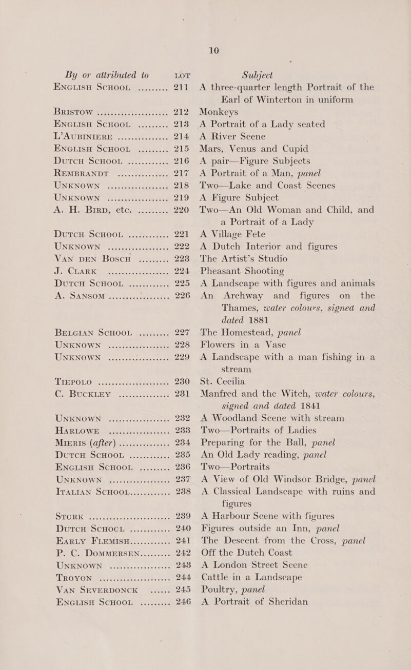 ENGLISH SGHOOL™........- 211 ERIS ROW eer, rae at, 212 ENGUISH SCHOOL: ..55..2-: 218 TGAUSINIERE 2... eee 214 ENGLISH SCHOOL .....:... 215 DeteH.SCHOOL.c... ne: 216 EGEATB RISNID TG 645 coco ee Oy UNKNOWN hu ee ee 218 UN RO 02. Sass. cae 219 Ay TH Bip DecetCire... 6 ta 220 DUECHASCHOOLAuaets es. 221 TENKNOWN = 0 cttw. cea ede poidy VAN “DEN BOSCH Aces 223 JSC AR Rain Pea e's. Rn ne 224 DUTCH DCHOGI asa ee 225 ATR ANGOM oe) sexes ee eee 226 BEecGIAN &gt;CHOOU peel. 227 NKNOWN' «sp ioatcme sores 228 UINIGINOW Nuys cece speecanes 229 ERIE POLO -. cc. score one et 230 CURIE Yani fren te anes, 231 INTIONIO Wine 10h esac etree: YR HARTONGUM eit hc toes. ccas 233 MLE RISA UIE? het atWeitde onc: 234. DGTrCHes CHOOI as sees eee 235 BNGULISH SCHOOI) so.hcsec2 236 UNENOMON Glory Se O37. ITALIAN SCHOOI. 2. da. 25: 238 SIGH Kpene see beees tes eae 239 DUTCHESCHOOIE. . v0s.802- 240 FART ven LEMICHe.. +. .- 241 PP. Cy DOMMERSEN.&lt;..¢.. 55 24.2 GINRENO WINS Seer he cece vanes 243 ERO ONS) Moment eee se. 24.4 VAN SEVERDONCK ...... 245 he cacae 246 ENGLISH SCHOOL 10 A three-quarter length Portrait of the Earl of Winterton in uniform Monkeys A River Scene Mars, Venus and Cupid A pair—Figure Subjects A Portrait of a Man, panel Two—Lake and Coast Scenes A Figure Subject Two—An Old Woman and Child, and a Portrait of a Lady A Village Fete A Dutch Interior and figures The Artist’s Studio Pheasant Shooting A Landscape with figures and animals An Archway and figures on_ the Thames, water colours, signed and dated 1881 The Homestead, panel Flowers in a Vase A Landscape with a man fishing in a stream St. Cecilia Manfred and the Witch, water colours, signed and dated 1841 A Woodland Scene with stream Two—Portraits of Ladies Preparing for the Ball, panel An Old Lady reading, panel Two— Portraits A View of Old Windsor Bridge, panel A Classical Landscape with ruins and figures A Harbour Scene with figures Figures outside an Inn, panel The Descent from the Cross, panel Off the Dutch Coast A London Street Scene Cattle in a Landscape Poultry, panel A Portrait of Sheridan