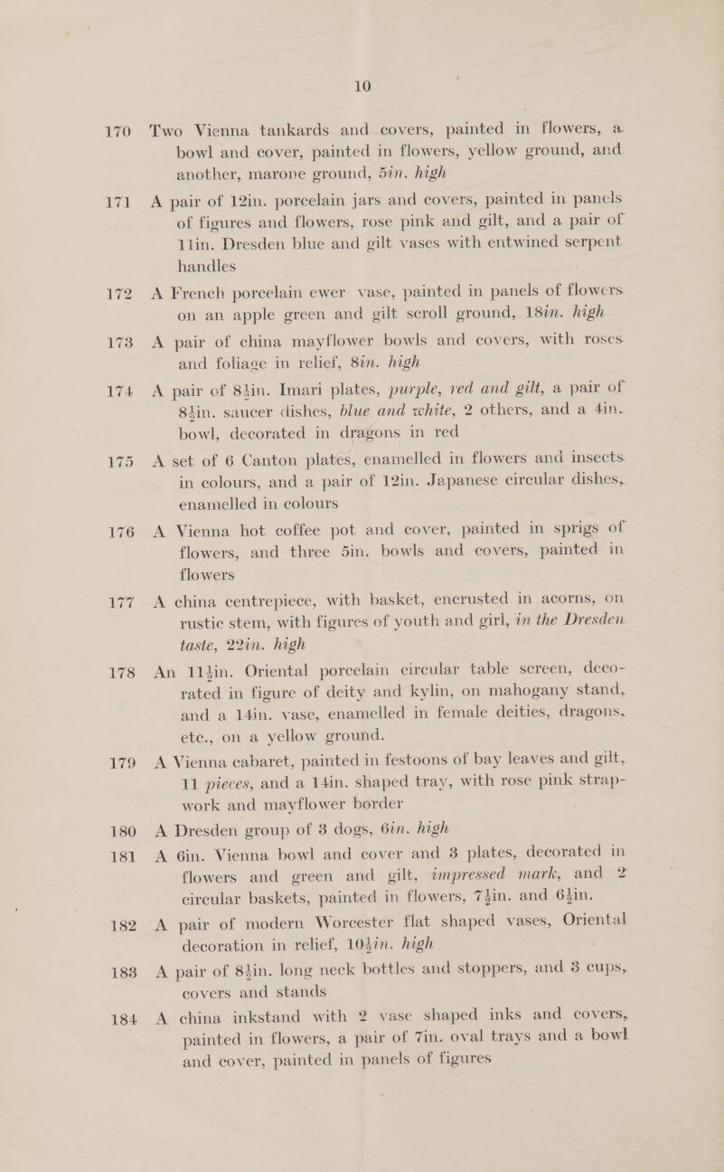 178 179 180 181 182 183 184 10 Two Vienna tankards and covers, painted in flowers, a bowl and cover, painted in flowers, yellow ground, and another, marone ground, 5¢n. hagh A pair of 12in. porcelain jars and covers, painted in panels of figures and flowers, rose pink and gilt, and a pair of llin. Dresden blue and gilt vases with entwined serpent handles | A French porcelain ewer vase, painted in panels of flowers. on an apple green and gilt scroll ground, 18%. high A pair of china mayflower bowls and covers, with roses and foliage in relief, 87n. high A pair cf 8hin. Imari plates, purple, red and gilt, a pair of 8tin. saucer dishes, blue and white, 2 others, and a 4in. bowl, decorated in dragons ated. A set of 6 Canton plates, enamelled in flowers and insects. in colours, and a pair of 12in. Japanese circular dishes, enamelled in colours A Vienna hot coffee pot and cover, painted in sprigs of flowers, and three 5in. bowls and covers, painted in flowers A china centrepiece, with basket, encrusted in acorns, on rustic stem, with figures of youth and girl, in the Dresden. taste, 22in. high An 1ldin. Oriental porcelain circular table screen, deco- rated in figure of deity and kylin, on mahogany stand, and a 14sn. vase, enamelled in female deities, dragons, ete., on a yellow ground. A Vienna cabaret, painted in festoons of bay leaves and gilt, 11 pieces, and a 14in. shaped tray, with rose pink strap- work and mayflower border A Dresden group of 8 dogs, 6in. high A Gin. Vienna bowl and cover and 8 plates, decorated in flowers and green and gilt, impressed mark, and 2 circular baskets, painted in flowers, 73in. and 64in. A pair of modern Worcester flat shaped vases, Oriental decoration in relief, 104in. high A pair of 8iin. long neck bottles and stoppers, and 8 cups, covers and stands A china inkstand with 2 vase shaped inks and covers, painted in flowers, a pair of 7in. oval trays and a bowl and cover, painted in panels of figures