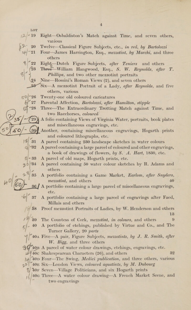 )2/°19 Kight—Osbaldiston’s Match against Time, and seven others, f vallous ao 20 Twelve—Classical Figure Subjects, etc., in red, by Bartolozzi ve “21 Four—James Harrington, Esq., mezzotint, by Marchi, and three others 4% “29 Kight—Dutch Figure Subjects, after Teniers and others ' (23 Three-—William Hangwood, Esq., S. W. Reynolds, after T. a) Phillips, and two other mezzotint portraits \24 Nine—Rossini’s Roman Views (2), and seven others ae Six—A mezzotint Portrait of a Lady, after Reynolds, and five | others, various 0) 26 Twenty-one old coloured caricatures 6)°27 Parental Affection, Bartolozzi, after Hamilton, stipple ef °28 Three—The Extraordinary Trotting Match against Time, and two Racehorses, coloured’ A folio containing Views of Virginia Water, portraits, book plates gh and miscellaneous engravings, etc. (39) Another, containing miscellaneous engravings, Hogarth prints os and coloured lithographs, etc. '$| 81 A parcel containing 280 landscape sketches in water colours 4 “32 A parcel containing a large parcel of coloured and other engravings, a book of drawings of flowers, by S.' A. Hart, 1830, etc. */- 33 A parcel of old maps, Hogarth prints, etc. 7°|34 A parcel containing 50 water colour sketches by R. Adams and  )e others le hi 35 &lt;A portfolio containing a Game Market, Earlom, after Snyders, 101i FN mezzotint, and others AO A. portfolio containing a large parcel of miscellaneous engravings, ete; |  A portfolio containing a large parcel of engravings after Faed, Millais and others © 88 Proof mezzotint Portraits of Ladies, by W. Henderson and others 13 /% 39 The Countess of Cork, mezzotint, in colours, and others 9 gj- 40 A portfolio of etchings, published by Virtue and Co., and The i Turner Gallery, 20 parts 4 “404 Five—A pair, Figure Subjects, mezzotints, by J. R. Smith, after W. Bigg, and three others a] “40 A parcel of water colour drawings, etchings, engravings, etc. ui) 40c Shakespearean Characters (26), and others 32 ) i “40D Four—The Swing, Medici publication, and three others, various 42 140% Six—London Views, coloured aquatints, by M. Dubourg 2 40Fr Seven—Village Politicians, and six Hogarth prints if /40a Three—A water colour. drawing—A French Market Scene, and two engravings