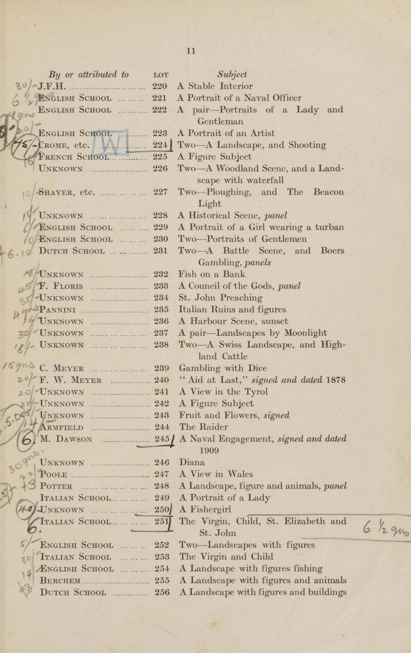    By or attributed to LOT 2°/ “ve [SOLS Ua ee a 220 6% MEeNGiisu ScHOOL ...... ... 221 ane ENGLISH SCHOOL ... ....... 222 ' fo) “ENGLISH SCHOO. 223 4 CROME, etc. . V4 ae 224 RENCH ScH0O =”... 225 CIENO WAG eo ike le, 226 WOIPOHAVER, C6C. 005 oe 227 | 1 oxxxows eae Sen Se ae aes (/7ENGLISH SenGOk. “ck 229 — BCHOOB 0.6.5 a 230 a a DWUPCH SCHOOK: 2. sc. 0.0050! 231 i a 6) “UNKNOWN Peet) 232 yo} Me Bons 6 hl ke: 233 _§) “Unknown OR eee iar cee 234  EG 1s a 235 7 4 PUINENOVWN. «0. ccoed- hn... 236 30 WUNENOWN - 0.2.2.5... ..0cs. 237 i IE TENOIWME e530 ce 28S jl (59S C, Mrver 239 20 Wi MEVER. <:6c0.c-< 24.0 20 i Pa) NHENOWING | co eS 241 fot BUINTENOWN ©)...5 262i, 242 f one BRMOWNG: So acres 4 24.3 4, item ce os Ak 244 ge 3 OME TUANISON 205 cc asset 245 ae xe an * UNKNOWN Wie Perk: 246 Be OOEY 5..o-. 6 cvne owe QA7 ar }4 PorreR ihr ane ae my i> PPATAAN SCHOOIs....202.... - 249 2 OJIINKNOWN .................. 250} Y - § / ENGLISH SCHOOL ee 252 20| ITALIAN SCHOOL ......... 2538 ; » “ENGLISH SCHOOL <7. 4.2: 254 og Figl 20ST 8) Se ey ee ee 255 11 Subject A Stable Interior A Portrait of a Naval Officer A pair—Portraits of a Lady and Gentleman A Portrait of an Artist Two—A Landscape, and Shooting A Figure Subject Two—A Woodland Scene, and a Land- scape with waterfall Two—Ploughing, and The Light A. Historical Scene, panel A Portrait of a Girl wearing a turban Two—Portraits of Gentlemen Two—A Battle Scene, and Boers Gambling, panels Fish on a Bank A Council of the Gods, panel St. John Preaching Italian Ruins and figures A Harbour Scene, sunset A pair—Landscapes by Moonlight Two—A Swiss Landscape, and High- land Cattle Gambling with Dice Beacon A View in the Tyrol A. Figure Subject Fruit and Flowers, signed The Raider A Naval Engagement, signed and dated 1909 Diana A View in Wales A Landscape, figure and animals, panel A Portrait of a Lady A Fishergirl St. John The Virgin and Child A Landscape with figures fishing A Landscape with figures and animals