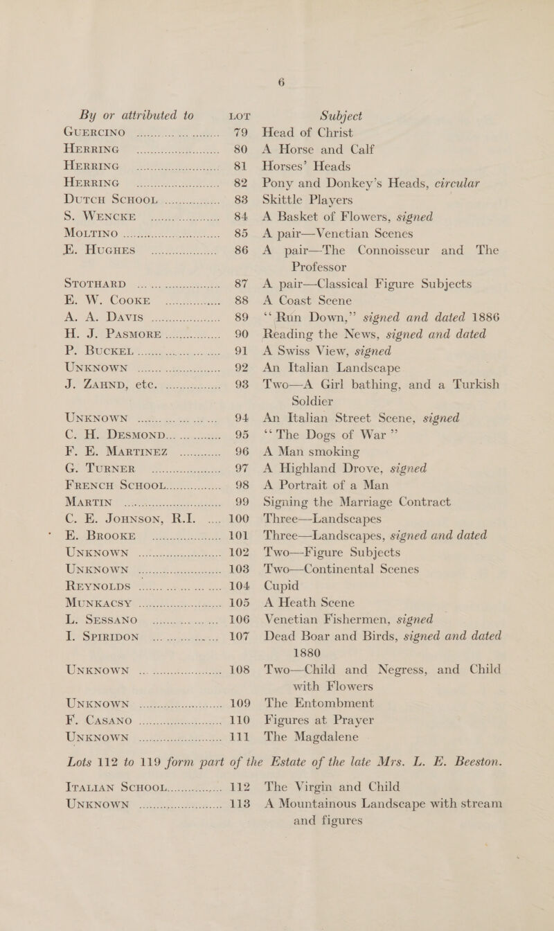 GUERCINO HERRING HERRING HERRING weet weed eect cre -ceetecsst ecco Na A ADAIR Ro ey ee ee ae ee aa) EF. E. MARTINEZ G. TURNER C. E. JOHNSON, EK. BROOKE UNKNOWN UNKNOWN REYNOLDS MuUNKACSY L. SESSANO I. SprrIDON IDINENGWN “&lt;2. BAGS... UNKNOWN F. Casano UNKNOWN Pe ee ee Head of Christ A Horse and Calf Horses’ Heads Pony and Donkey’s Heads, circular Skittle Players | A Basket of Flowers, signed A pair—Venetian Scenes A pair—The Connoisseur and The Professor A pair—Classical Figure Subjects A. Coast Scene ‘*Run Down,” signed and dated 1886 Reading the News, signed and dated A Swiss View, signed An Italian Landscape Two—A Girl bathing, and a Turkish Soldier An Italian Street Scene, signed ‘*The Dogs of War ”’ A Man smoking A Highland Drove, signed A Portrait of a Man Signing the Marriage Contract Three—Landscapes Three—Landscapes, signed and dated Two—Figure Subjects Two—Continental Scenes Cupid A Heath Scene Venetian Fishermen, signed Dead Boar and Birds, signed and dated 1880 Child and Negress, and Child with Flowers The Entombment Figures at Prayer The Magdalene Two  TTALIAN SCHOObx oi 2. ae UNKNOWN 112 113 The Virgin and Child A Mountainous Landscape with stream and figures