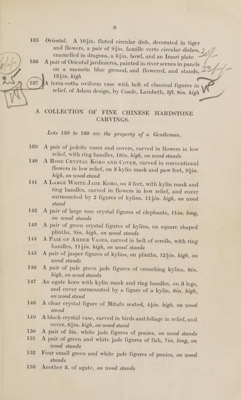 185 Oriental. A 10}in. fluted circular dish, decorated in tiger and flowers, a pair of 94in. famille verte circular dishes, 9 «/ enamelled in dragons, a 31in. bowl, and an Imari plate ~““/- A pair of Oriental jardinieres, painted in river scenes in panels fo ¥ oy « on a mazarin blue ground, and flowered, and stands, #7 ~~ 133in. high , f A terra-cotta oviform vase with belt of classical figures in yO relief, of Adam design, by Coade, Lambeth, 3ft. 8in. ere:   A COLLECTION OF FINE CHINESE HARDSTONE CARVINGS. Lots 139 to 160 are the property of a Gentleman. 139 A pair of jadeite vases and covers, carved in flowers in low relief, with ring handles, 13%n. high, on wood stands 140 &lt;A Rose Crystat Koro anp CovER, carved in conventional flowers in low relief, on 3 kylin mask and paw feet, 94in. high, on wood stand 141. A Larce Wuitr Jape Koro, on 3 feet, with kylin mask and ring handles, carved in flowers in low relief, and cover surmounted by 2 figures of kylins, 114in. high, on wood stand 142 A pair of large rose crystal figures of elephants, 11in. long, on wood stands 143 A pair of green crystal figures of kylins, on square shaped plinths, 9in. high, on wood stands 144 A Parr oF AMBER Vases, carved in belt of scrolls, with ring handles, 114%n. high, on wood stands 145 A pair of jasper figures of kylins, on plinths, 124in. high, on wood stands 146 A pair of pale green jade figures of crouching kylins, 67n. high, on wood stands 147 An agate koro with kylin mask and ring handles, on 8 legs, and cover surmounted by a figure of a kylin, 6in. high, on wood stand 148 A clear crystal figure of Mitafu seated, 43on. high, on wood stand | 149 A black crystal vase, carved in birds and foliage in relief, and | cover, 642n. high, on wood stand 150 A pair of 5in. white jade figures of ponies, on wood stands 151 A pair of green and white jade figures of fish, 7in. long, on wood stands 152 Four small green and white jade figures of ponies, on wood stands . 153 Another 3, of agate, on wood stands