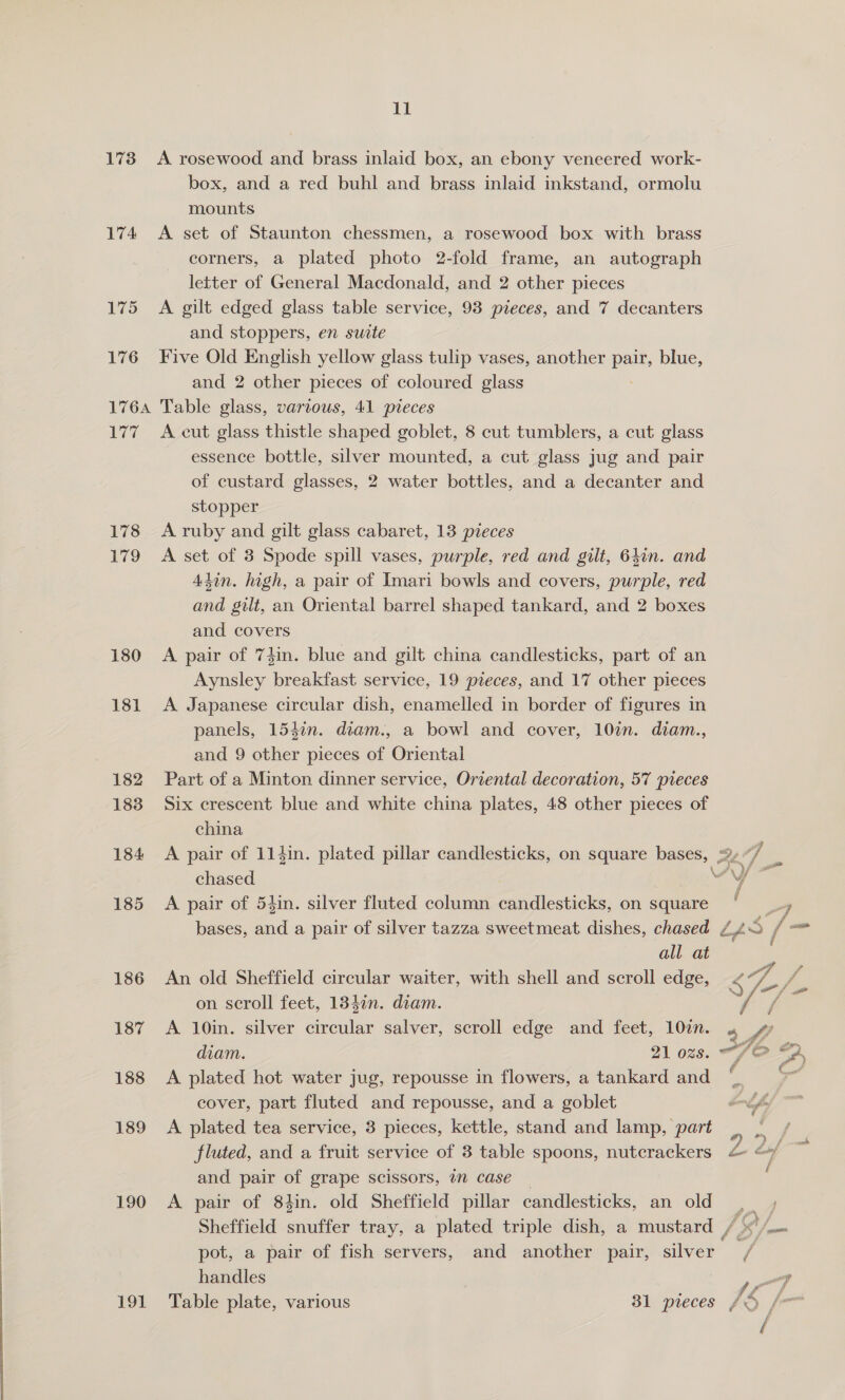 173 <A rosewood and brass inlaid box, an ebony veneered work- box, and a red buhl and brass inlaid inkstand, ormolu mounts 174 <A set of Staunton chessmen, a rosewood box with brass corners, a plated photo 2-fold frame, an autograph letter of General Macdonald, and 2 other pieces 175 A gilt edged glass table service, 93 pieces, and 7 decanters and stoppers, en sucte 176 Five Old English yellow glass tulip vases, another oem blue, and 2 other pieces of coloured glass 176A Table glass, various, 41 pieces 177 A cut glass thistle shaped goblet, 8 cut tumblers, a cut glass essence bottle, silver mounted, a cut glass jug and pair of custard glasses, 2 water bottles, and a decanter and stopper 178 Aruby and gilt glass cabaret, 13 pieces 179 <A set of 3 Spode spill vases, purple, red and gilt, 64in. and Adin. high, a pair of Imari bowls and covers, purple, red and gilt, an Oriental barrel shaped tankard, and 2 boxes and covers 180 A pair of 7hin. blue and gilt china candlesticks, part of an Aynsley breakfast service, 19 pieces, and 17 other pieces 181 A Japanese circular dish, enamelled in border of figures in panels, 1547n. diam., a bowl and cover, 10in. diam., and 9 other pieces of Oriental 182 Part of a Minton dinner service, Oriental decoration, 57 pieces 183 Six crescent blue and white china plates, 48 other pieces of china 185 <A pair of 54in. silver fluted column Tanjdlestick on square all at 186 An old Sheffield circular waiter, with shell and scroll edge, on scroll feet, 134in. diam. 187 <A 10in. silver circular salver, scroll edge and feet, 102n. diam. 21 ozs. = 188 <A plated hot water jug, repousse in flowers, a tankard and oe cover, part fluted and repousse, and a goblet : 189 A plated tea service, 3 pieces, kettle, stand and lamp, part and pair of grape scissors, # case — 190 A pair of 84in. old Sheffield pillar candlesticks, an old pot, a pair of fish servers, and another pair, silver handles 191 Table plate, various 31 pieces , 4 / ) J a ie er] f j’ Pd f i ? 7h / / 7 Ae, Po, Co é a “) has f , seo?