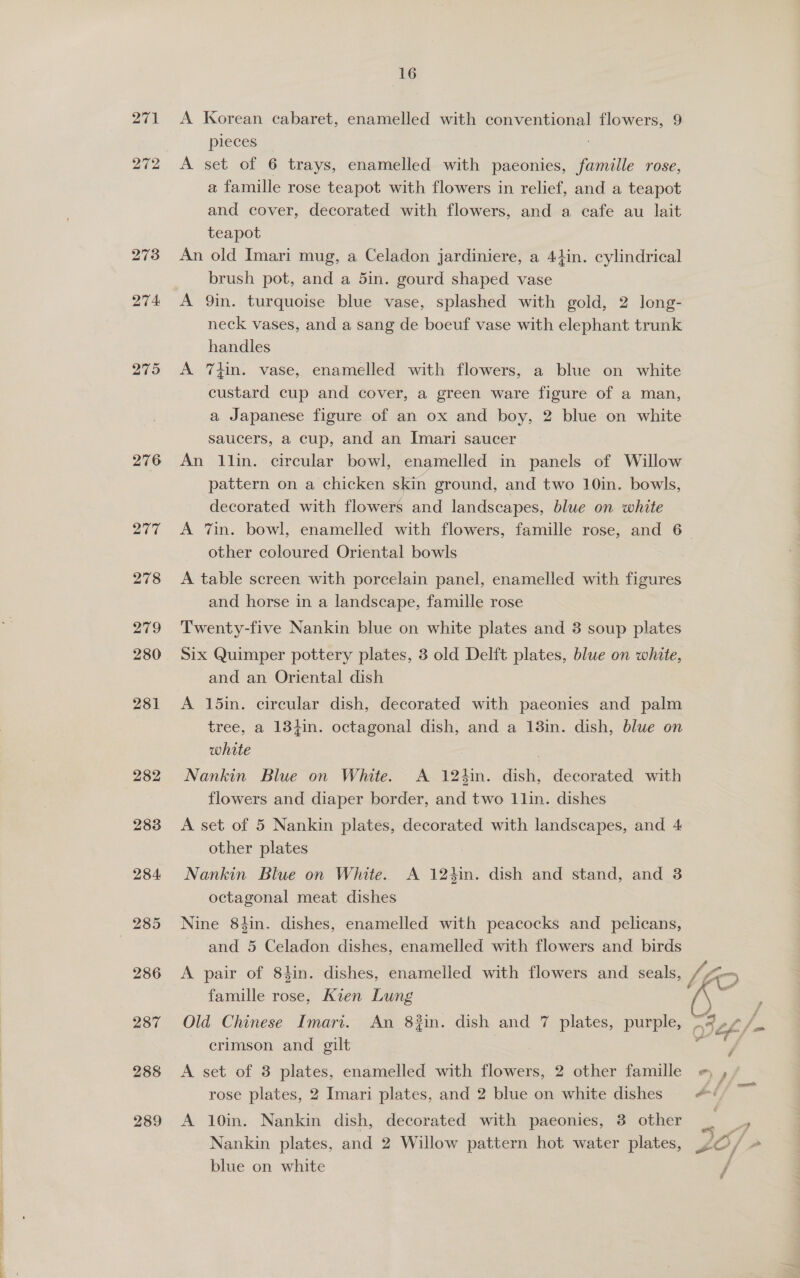 ee Ca ae ST 275 276 A Korean cabaret, enamelled with conventional flowers, 9 A set of 6 trays, enamelled with paeonies, famille rose, a famille rose teapot with flowers in relief, and a teapot and cover, decorated with flowers, and a cafe au lait teapot An old Imari mug, a Celadon jardiniere, a 44in. cylindrical brush pot, and a 5in. gourd shaped vase A 9in. turquoise blue vase, splashed with gold, 2 long- neck vases, and a sang de boeuf vase with elephant trunk handles A Thin. vase, enamelled with flowers, a blue on white custard cup and cover, a green ware figure of a man, a Japanese figure of an ox and boy, 2 blue on white saucers, a cup, and an Imari saucer An llin. circular bowl, enamelled in panels of Willow pattern on a chicken skin ground, and two 10in. bowls, decorated with flowers and landscapes, blue on white other coloured Oriental bowls A table screen with porcelain panel, enamelled with figures and horse in a landscape, famille rose Twenty-five Nankin blue on white plates and 3 soup plates Six Quimper pottery plates, 3 old Delft plates, blue on white, and an Oriental dish A 15in. circular dish, decorated with paeonies and palm tree, a 134in. octagonal dish, and a 13in. dish, blue on white Nankin Blue on White. A 124in. dish, decorated with flowers and diaper border, and two 11lin. dishes A set of 5 Nankin plates, decorated with landscapes, and 4 other plates Nankin Blue on White. A 124in. dish and stand, and 3 octagonal meat dishes Nine 8t4in. dishes, enamelled with peacocks and _ pelicans, and 5 Celadon dishes, enamelled with flowers and birds famille rose, Kien Lung crimson and gilt A set of 3 plates, enamelled with flowers, 2 other famille rose plates, 2 Imari plates, and 2 blue on white dishes A 10in. Nankin dish, decorated with paeonies, 8 other Nankin plates, and 2 Willow pattern hot water plates, blue on white f [all # - ra ca i a sere oy FA ut