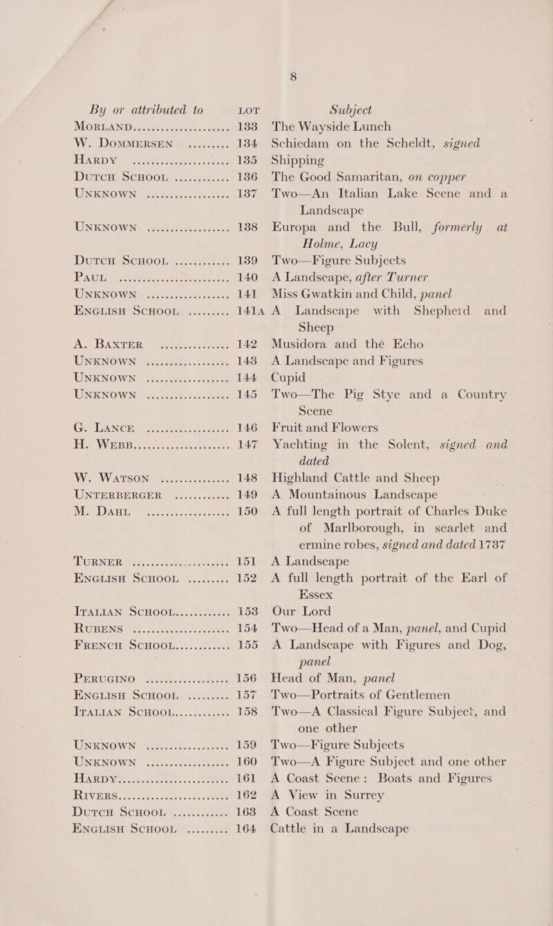 MORUAND ieee ree... tes 133 W. DoOMMERSEN .,........ 134 ELA RIV pee ete ne Ferra 135 DUCHESS CHOOT: fete ce 136 UNENOVWING Fee esse: 137 UNENO WIN’ Peel Rie 138 DULGHSSCHOOI 2a tle 139 PAU Sere eee ee eee et 140 TINIIN OVINig rene eae ele 2 141 ENGEISDS SCHOOL... ces: 1414 A&gt; BAX TERie ane. ooee 142 ENENOIIN Wier: ee 148 TNKNOWN a3). eee ee 144 LINKIN OWN Le, peo ee 145 Ges LANCE ee ee 146 IEAVV BEB ee eee 147 WV WATSON steer teers 148 WINTERBERGERG 2)... cee 149 IM LAT Lee ee eee ee 150 FL URRIN ER eaten sttel et eee? 151 ENGLISH SCHOOL &lt;c.2. 08 152 ITALIAN SCHOOL in. 4 eee 1538 RUBEN Gere. cere. 3. een 154 HEENGHSOCHOOL co... &lt;cusint 155 IRERU GINO: Oe As). goes 156 ENGLISH SCHOO. Cie 157 ITALIAN SCHOOL....s:sece 158 UN KINO WINSOME lh ees ee 159 UNKNOWN, oes Boren ee 160 TIRE DSC ecctece see 161 RIVERS ce terme eee 162 Durer, SCHOOLe..... sate 163 PINGS Hep CHOOL s...,2cee 164 The Wayside Lunch Schiedam on the Scheldt, signed Shipping The Good Samaritan, on copper Two—An Italian Lake Scene and a Landscape Europa and the Bull, formerly at Holme, Lacy Two—Figure Subjects A Landscape, after Turner Miss Gwatkin and Child, panel A Landscape with Shepherd and Sheep Musidora and the Echo A Landscape and Figures Cupid Two—The Pig Stye and a Country Scene Fruit and Flowers Yachting in the Solent, signed and dated Highland Cattle and Sheep A Mountainous Landscape A full length portrait of Charles Duke of Marlborough, in scarlet and ermine robes, signed and dated 1737 A Landscape A full length portrait of the Earl of Essex Our Lord Two—Head of a Man, panel, and Cupid A Landscape with Figures and Dog, panel Head of Man, panel Two—Portraits of Gentlemen Two—A Classical Figure Subject, and one other Two—F igure Subjects Two—A Figure Subject and one other A Coast Scene: Boats and Figures A View in Surrey A Coast Scene Cattle in a Landscape