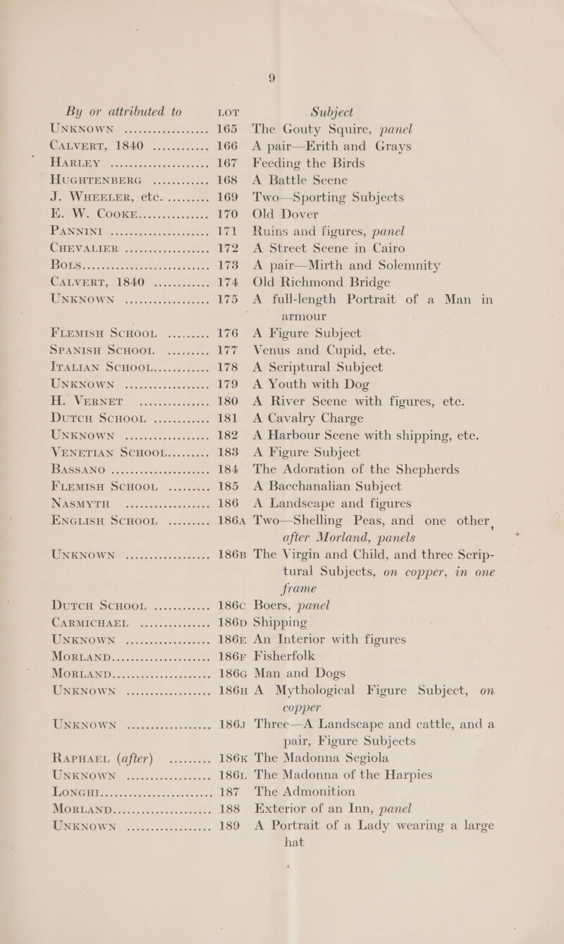 WNKNOWIN sconces &amp; 165 The Gouty Squire, panel Carvery, 1840) /.0ct..08 166 A pair—Erith and Grays MIM ACTIN a3 stain cians: Sox aes 167 Feeding the Birds PLOGITENB ERG 2o0 0.2.00 54 168 A Battle Scene PONY PEER, CCUG. iacc.cne 169 Two —Sporting Subjects TOP W COOK 5: Ne 170 Old Dover PP AININTNI G10) cds ah Sess Sess 171 Ruins and figures, panel Ciy Abe ee ieee: 172 A Street’ Scene in) Cairo PEG Feet ee eee a sagel eo 173 A pair—Mirth and Solemnity Cairenn, PS40 ou. 174 Old Richmond Bridge AOTNIGN OWN Secdhs cnet 175 &lt;A full-length Portrait of a Man in armour PUBMISHYSCHOOL Jaih04: 176 A Figure Subject SPANISH SCHOOL ....2+25 177 Venus and Cupid, ete. IPALIAN SCHOOL. icc: 178 &lt;A Scriptural Subject MUINUNOWING saga cabot olosameee 179 A Youth with Dog LV COR SS) 21 ae 180 A River Scene with figures, etc. ete SeHOOL: 32) Vie 181 A Cavalry Charge RUINONIOMWIN © ue oko ours ede. 182 &lt;A Harbour Scene with shipping, etc. VENETIAN SCHOOL. ...45..&lt; 183 A Figure Subject TI NSSAING ofan auc geseuenen: 184 The Adoration of the Shepherds PLEMISH SCHOOL ...&lt;.4.. 185 A Bacchanalian Subject ISDE: Sie 2... nee 186 A Landscape and figures INGLISH SCHOOM a....: 1864 Two—Shelling Peas, and one other, after Morland, panels RUBINO Ne. os. 3 cen he 1868 The Virgin and Child, and three Scrip- tural Subjects, on copper, in one frame Derca SCHOOL ..6..01&lt;28. 186c Boers, panel COOMA Be! ec eteccnses 186p Shipping RO NECN OWN) esc esaicss ve teee 186r An Interior with figures WM OUU DANII ass avin creed ogres 186 Fisherfolk IVE CRRIAUNI) can &amp; vSroseinre oe 186G Man and Dogs WEINOW N&amp; 2.9 tic ocacecst 186H A Mythological Figure Subject, on copper WON O WIN oeieee wisiedene- 1863 Three—A Landscape and cattle, and a pair, Figure Subjects PAP (OMe) &lt;n. veces 186K The Madonna Segiola IG RINOWIN ol Sicnaec note vene 186, The Madonna of the Harpies 1 ICUS GiTs Rien a a 187 The Admonition POR CAO re hess as igee sees 188 Exterior of an Inn, panel MERINO UN e sense esa ened wes « 189 A Portrait of a Lady wearing a large hat