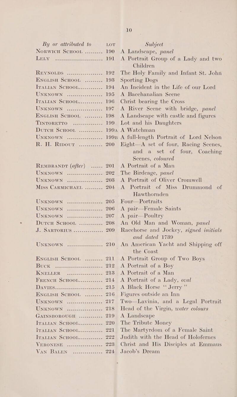 NORWICH SCHOOL ......... 190 I Dichin' eS in eee ey ee eres 191 UE SAN OLD Sie siaes, cc... aun 192 ENGLISH SCHOOL ......... 193 LAT TNS CHO Inet so keene 194, WINKNOWN nee. seen 195 ITAETA NES CHOOIG «ne acne: 196 UNENGOWINY foutee. cig.. oeee 197 ENGLISH SCHOOLS .......4: 198 LUN ROR Ber T Owe eee: oes 199 DU CHes CHOO lms eee: 1994 ENING WINGS: water... Steere 199B 1et, isk Uimanrenoae ~ aie Ase 200 REMBRANDT (after) ...... 201 LINKIN WIN Il Wate” ssn eee 202 UINIRINO WING sie dace oss 203 Miss CARMICHAEL ......... 204 LUINIGNOWIN 25 os oes ee 205 WINKNOWIN® Beer c tpete ee 206 USISION OWN) decides sc ds hee tees 207 DUSCHs SCHOO less. ee 208 USA RTORLU Ceres. 6 ee 209 LON IENOW Newsies cor smer nt 210 ENGLISH SCHOOL ......... 211 Buc Kae 23 ween... Sea. rag SRUEEIGELE Rt aie ipeenttie. Sst: ge omnes 2 213 TRENCH SS CHOOL,. sec mnce 214 Awe Roeser. shi dene 215 ENGLISH SCHOOL ......... 216 TRIN ICON'OMWEN, shite 30,8 alee sates pal ei MUIRNO WN gatas; eee 218 GAINSBOROUGH ..........:: 219 JTADIA Ne CEOOL,..jmercnes 220 TT ALLAN CHOO Lh... .sseemuee 22.1. ITALIAN, DCHOOL..s.ca0 ees 222, VERO NEGHal.ens thei bore ter 223 ROARS A LIING Meaee rca eaten. 224 10 A Landscape, panel A Portrait Group of a Lady and two Children The Holy Family and Infant St. John Sporting Dogs An Incident in the Life of our Lord A Bacchanalian Scene Christ bearing the Cross A River Scene with bridge, panel A Landscape with castle and figures Lot and his Daughters A Watchman A full-length Portrait of Lord Nelson Kight—A set of four, Racing Scenes, andes: Scum Ole 10lL Scenes, coloured A Portrait of a Man The Birdcage, panel A Portrait of Oliver Cromwell A Portrait of Miss Drummond of Hawthornden Four—Portraits A pair—Female Saints A pair—-Poultry An Old Man and Woman, panel Racehorse and Jockey, signed initials and dated 1789 An American Yacht and Shipping off the Coast A Portrait Group of Two Boys A Portrait of a Boy A Portrait of a Man A Portrait of a Lady, oval A Black Horse ‘‘ Jerry ”’ Figures outside an Inn Coaching Two—Lavinia, and a Legal Portrait Head of the Virgin, water colours A Landscape The Tribute Money The Martyrdom of a Female Saint Judith with the Head of Holofernes Christ and His Disciples at Emmaus Jacob’s Dream