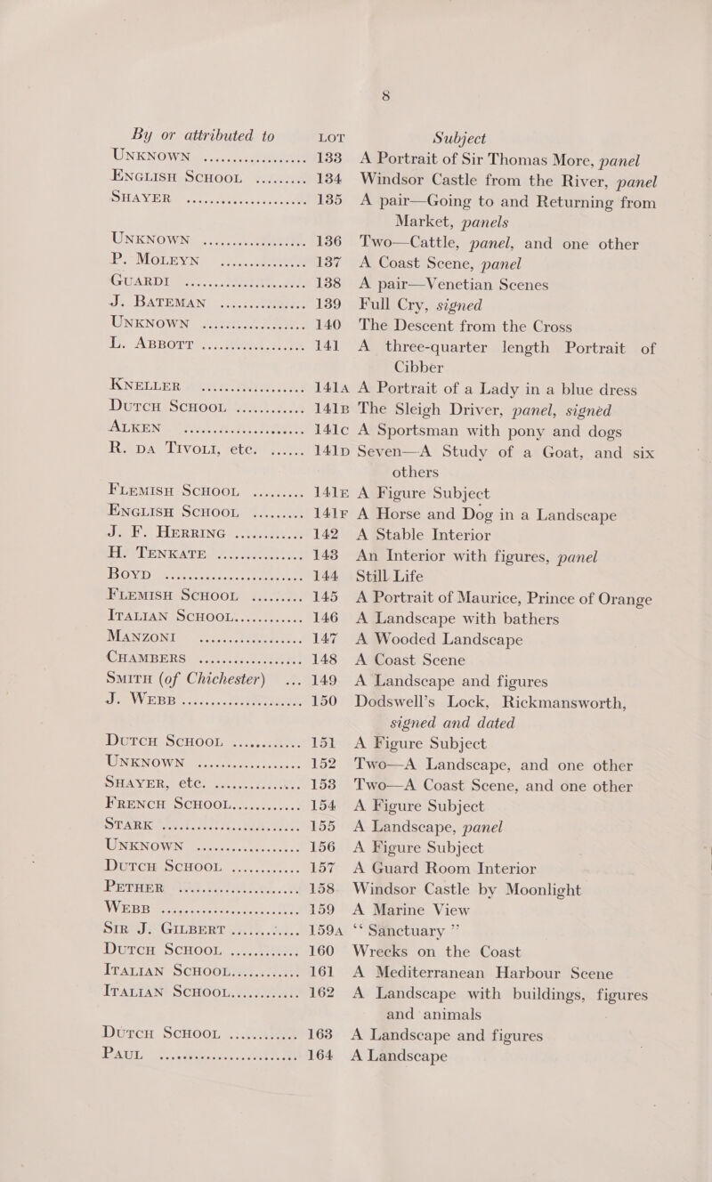 UINKNOWNet. ce eee 133 A Portrait of Sir Thomas More, panel ENGLISH SCHOOL ......... 134 Windsor Castle from the River, panel IEP Ww aulit Dive, esa 135 A pair—Going to and Returning from Market, panels UNENO WING ii 02: eee 136 Two—Cattle, panel, and one other Fe MOLEVN 3052 seen 137 A Coast Scene, panel Cush piec:.... ete aan 138 <A pair—Venetian Scenes en DATEMAN 12550 0Meate 139 Full Cry, signed UNKNOWN: 2g90)0is. Soe. 140 The Descent from the Cross Ide ABROTT, ... eee a, Te 141 A three-quarter length Portrait of Cibber KNELLER ot heer ae 1414 A Portrait of a Lady in a blue dress DGTCHISCHOOUII. AA 1418 The Sleigh Driver, panel, signed PAL RNase oe Tek Teen 141c A Sportsman with pony and dogs Rea DA LIVoLi, eteul 4.0 141D Seven—A Study of a Goat, and six others PLEMISH SCHOOL ......... 14lz A Figure Subject ENGLISH SCHOOL ......... 141” A Horse and Dog in a Landscape Ol HeERRINGe.. eset 142 A Stable Interior EIS DEN IGA Foy see 148 An Interior with figures, panel UTM AE See SNORE RELIES: 144 Still Life BLEMISH SCHOOL i3..0.00. 145 A Portrait of Maurice, Prince of Orange PA LUANG SCHOGIA. a cee. 32 146 A Landscape with bathers DEANZONIN © .8... rena: | 147 A Wooded Landscape HAM BIRS\ nis +.ds a teheies 148 <A Coast Scene SmitTH (of Chichester) ... 149 A Landscape and figures EeRVVICR EL. 1... Sonate 150 Dodswell’s Lock, Rickmansworth, signed and dated DretCH IS CHOOT wet 5.3, ee 151 A Figure Subject LOIN O WON, ie ae eety ers hths ca 152 Two—A Landscape, and one other SHAY ER MCLG eer, vil ate, 153 'Two—A Coast Scene, and one other FRENCH SCHOOL, M.:7.....: 154 A Figure Subject LAR KRO Ee eh. thse RIS raed 155 <A Landscape, panel RON OWN Men secu 3 ee. 6 ra 156 A Figure Subject DET Cm CHOOT: i... 205655 157 A Guard Room Interior PRE, UY. Se eee 158 Windsor Castle by Moonlight UEDA TEE oe a E 159 A Marine View Siz J+ GILBERT .3..>..: ‘i.. LSA: Siictuary. °° Dimon SCHOOL. ..:..0r wen 160 Wrecks on the Coast ITATIAN SCHOOUIME, wane 161 A Mediterranean Harbour Scene ITALIAN SCHOOL. 1... 2 alt 162. A Landscape with buildings, pc and animals Duncan SCHOOL ..S0 sie 163. A Landscape and figures