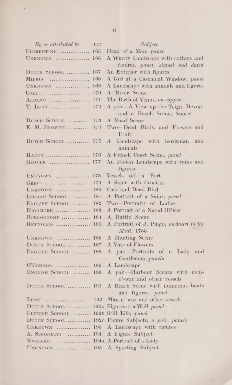 FLORENTINE UNKNOWN eoereet oes eee eeoteon DutcH ScHOOL MIERIS eoereerearen eoeereer eet ene eeree2ee Ceo eOeereet oo FoF eZer%e Coe eee eer eorteeteertes DutcH SCHOOL EK. M. BRownE eeereeteveee Peer eeeroereons DutcH SCHOOL erereseeeaeven eoeeseseeererereeer e008 eeoeeeot eet oseeeere eeeseeeoereersreeereereeeeneee VNINOIWING Sohtdaneeese eek Ipamtan SCHOOL: &gt;... «sss. ENGLISH SCHOOL eeoerseeoe eCoeseeeeeoeoe eee eer e8 @Ceorteesereseeeren O- CONNORS 5 no OR DEG dee oe sco tins Ue he ici. A. SIMONETTI KNELLER eeereeereeres eee eer eeeeeeosese ooo e re eeeeeeeoeees 192 1924 1928 192c 193 194 Head of a Man, panel A Wintry Landscape with cottage and figures, panel, signed nad dated An, Exterior with figures A Girl at a Casement Window, panel A Landscape with animals and figures A River Scene The Birth of Venus, on copper A pair—A View up the Teign, Devon, and a Beach Scene, Sunset A Road Scene Two—Dead Birds, and Flowers and Fruit A Landscape with animals A French Coast Scene, panel An. Italian Landscape with ruins and figures Vessels off a Fort A Saint with Crucifix Cats and Dead Bird A Portrait of a Saint, panel Two—Portraits of Ladies A Portrait of a Naval Officer A Battle Scene A Portrait of J. Pingo, medalist to the Mint, 17838 A Hunting Scene A Vase of Flowers A pair—Portraits of a Lady Gentleman, panels A Landscape A pair—Harbour Scenes with men- o’-war and other vessels A Beach Scene with numerous boats and figures, panel Man-o’-war and other vessels Figures at a Well, panel Still Life, panel Figure Subjects, a pair, panels A Landscape with figures A Figure Subject herdsman and and