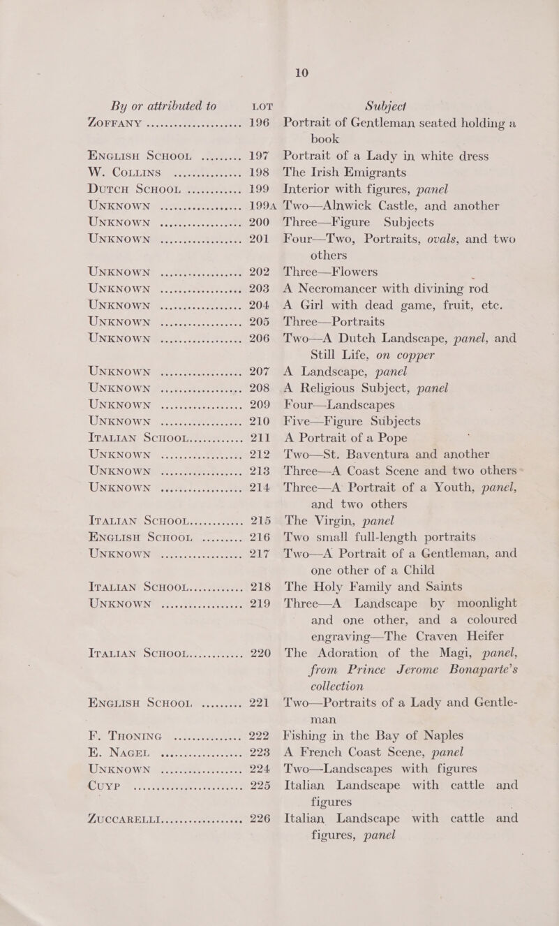  ENGRISHUSCHOOL .omerce 197 WS COLLINS: Lente 198 Durcu: ScuooL Fes e) 199 UANIENO WINS Clete eee 199A HONKNOWN = sith ccee en 200 UNKNOWNS). SoS 201 UNKNOWNS {2chsen force 202 UNKNOWN ee ees 203 UUPNIKINOWN tc, ieee «a tere. 204 (IN KNOWNe weiss co ee 205 LINKIN OW Neate. «cheers. oe 206 LINKIN OWINitiee.. Ocoee, Sees 207 UINENOWN #21co: one 208 UNKNOWN: ...; cece 209 UNENOWN ~..o.2.uheeee oe. 210 [TALIAN SCHOO Eee 211 UNKNOWN (500 ere oe I12 UENO WINES ote. 213 WINKNOWN @isieeul. sce. ce 214 PEALIANY SCHOOL As... cee 215 HINGLISH SCHOOT,. ...3sceu. « 216 TINIE OW Nee os oe ZL TRAGEAN? SCHOOL: abe 218 LTAURIAN@ SCHOOLe... . trate: 220 HNGMIsH *SCHOOTM i. ce oot Be THiGNING es hes cee 229 TGoENAGELM Soe eo c eee 223 LIN KNOWN bovtceeee. ecaree 224, ROU VR wes Fe ed eee O25 PEC OAR EL lemme. coeite sos tte 226 10 book Portrait of a Lady in white dress The Irish Emigrants Interior with figures, panel Two—Alnwick Castle, and another Three—Figure Subjects Four—Two, Portraits, ovals, and two others Three—Flowers : A Necromancer with divining rod A Girl with dead game, fruit, etc. Three—Portraits Two—A Dutch Landscape, panel, and Still Life, on copper A Landscape, panel A Religious Subject, panel Four—Landscapes Five—Figure Subjects A Portrait of a Pope Two—St. Baventura and another Three—A Coast Scene and two others Three—A Portrait of a Youth, panel, and two others The Virgin, panel Two small full-length portraits Two—A Portrait of a Gentleman, and one other of a Child The Holy Family and Saints and one other, and a coloured engravinge—The Craven Heifer The Adoration of the Magi, panel, from Prince Jerome Bonaparte’s collection Two—Portraits of a Lady and Gentle- man Fishing in the Bay of Naples A French Coast Scene, panel Two—Landscapes with figures Italian Landscape with cattle and figures Italian Landscape with cattle and figures, panel 