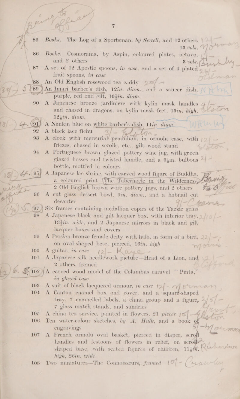 Ras of SO edie: Ae’ os ual } “V/ 7! o / ‘ec bax A 85 Books. The Log of a Sportsman, by Sewell, and 12 others fel 13 vols. © Ys \ 86 Books. Cosmorama, by Aspin, coloured plates, octavo, , ) and 2 others 3 vols.¥ / \ 87 <A set of 12 Apostle spoons, in case, and a set of 4 avn / \ fruit spoons, in case ; Naps An Old English rosewood tea caddy % = = 29 ay 5 {s9) An In An Imari nari barber's | dish, 12in. diam., and a saucer dish, \ ~~ purple. red end oilt, 1047n. diam. \ 90 A Japenese bronze toca with kvlin mask handles and chased in dragons, on kylin mask feet, 15in. high, is 4 1247n. diam. —  “9p A nigek lace fichu 2 / a a 5 93 <A clock with mercurial’ pendulum, in ormolu case, with friezes, chased in scrolls, etc., gilt wood stand 94 A Portuguese brown glazed pottery wine - with green ae Les es ¢ bottle, mottled in colours A 5 Lf. 95, A Japanese lac shrine, with carved wood figure of Buddha. woos 7 we x, ah 2 Old English brown ware pottery jugs, and 2 others } pp” ~ 96 A cut glass dessert bowl, 9in. diam., and a a hobnail cut oO 4 o. decanter vie Car f ly, Az. 1. 7) Six frames containing medallion copies of the Tazzie gems 98 A Japanese black and gilt lacquer box, with interior tray, 1337n. wide, and 2 Japanese mirrors in black and gilt lacquer boxes and covers 99 A Persian bronze female deity with halo, in form of a bird, on oval-shaped base, pierced, 16in. high 100 A guitar, in case 171. |\¥ 101 A Japanese silk needlework picture—Head of a Lion, and 2 others, framed ! ,/&amp;, , F027 [A carved wood model of the Columbus caravel ‘‘ Pinta,” meal or * ns — = —--—C—ti‘é‘étw® él “Case 103 A suit of black lacquered armour, in case 12} ~ ry] > . 104 A Canton enamel box and cover, and a squaré- shaped tray, 7 enamelled labels, a china ae and a figure, 7 glass match stands, and sundries 7 é engravings > 107 A French ormolu oval basket, pierced in diaper, ae FA aa shaped base, with seated figures of children, 114¢. high, 26in. wide 108 Two miniatures 1] - Le  The Connoisseurs, framed 