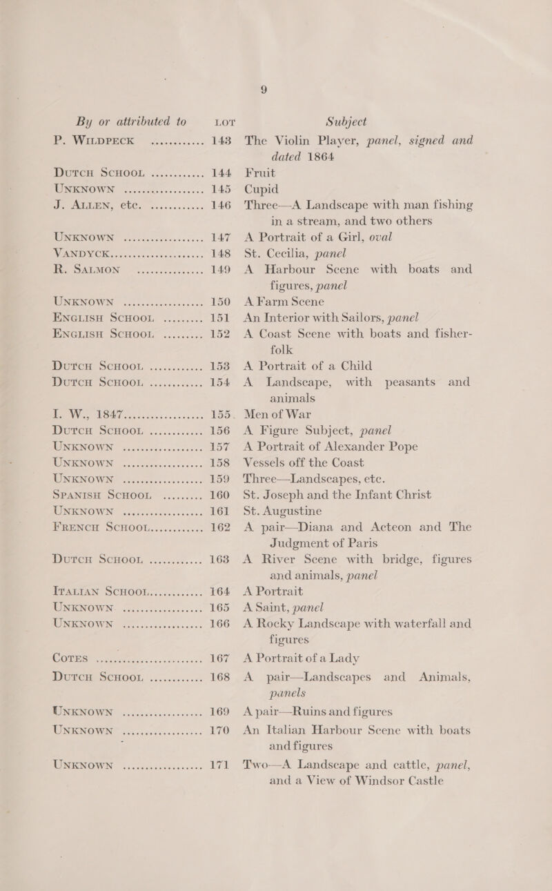 Te VV IL DPRCE eo ccackns ss. 143 DOECH. SCHOOL. <....\c0.000. 144 MORTON WN: ccc cddo ses esedcee 145 ONT ac 146 MO ONGOING ce sone ose a cess 147 RAID IO eee cc laduccces, 148 PRU SAI WEONG ic acleccctesess 149 WOMEINOVWIN .cccsccsescdecsses 150 TNGLISH SCHOOL .....ccc. 151 IONGEIGH SCHOOEK ...c....7 152 WIOECH SCHOOL, 2.065. 00c60. 153 MVUTCH SCHOOL, ...css. ces. 154 APN de cv: 0 A 155 WIOUCH SCHOOL .....<s« sce: 156 WNENOWN eois<ohsscsnncic 157 RA RROWING ar aio decks oc cces 158 EMIONOAN Na eccacc tls scees's 159 SPANISH SCHOOL —.2..2... 160 ORION «5 cores oes cones 161 PRENCH SCHOOL. .........<. 162 TULCH SCHOO, .....050..-: 1638 PEASTAN SCHOOL... -....°... 164 MEN @ WON. So2- fans cocci ccs 165 MONEINOWRE 220. ooscclcen cuss: 166 OS cael et 167 WTC SCHOOL, is .ccci-c eos 168 ISG S(Cy 169 LOSSTCO5700 0. 170 LEST 0' i aa Lig! The Violin Player, panel, signed and dated 1864 Fruit Cupid Three—A Landscape with man fishing in a stream, and two others A Portrait of a Girl, oval St. Cecilia, panel A Harbour Scene with boats and figures, panel A Farm Scene An Interior with Sailors, panel A Coast Scene with boats and fisher- folk A Portrait of a Child A Landscape, with peasants and animals Men of War A Figure Subject, panel A Portrait of Alexander Pope Vessels off the Coast Three—Landscapes, etc. St. Joseph and the Infant Christ St. Augustine A pair—Diana and Acteon and The Judgment of Paris 3 A River Scene with bridge, figures and animals, panel A Portrait A Saint, panel A Rocky Landscape with waterfall and figures A Portrait of a Lady A pair—Landscapes panels and Animals, A pair—Ruins and figures An Italian Harbour Scene with boats and figures Two—A Landscape and cattle, panel, and a View of Windsor Castle