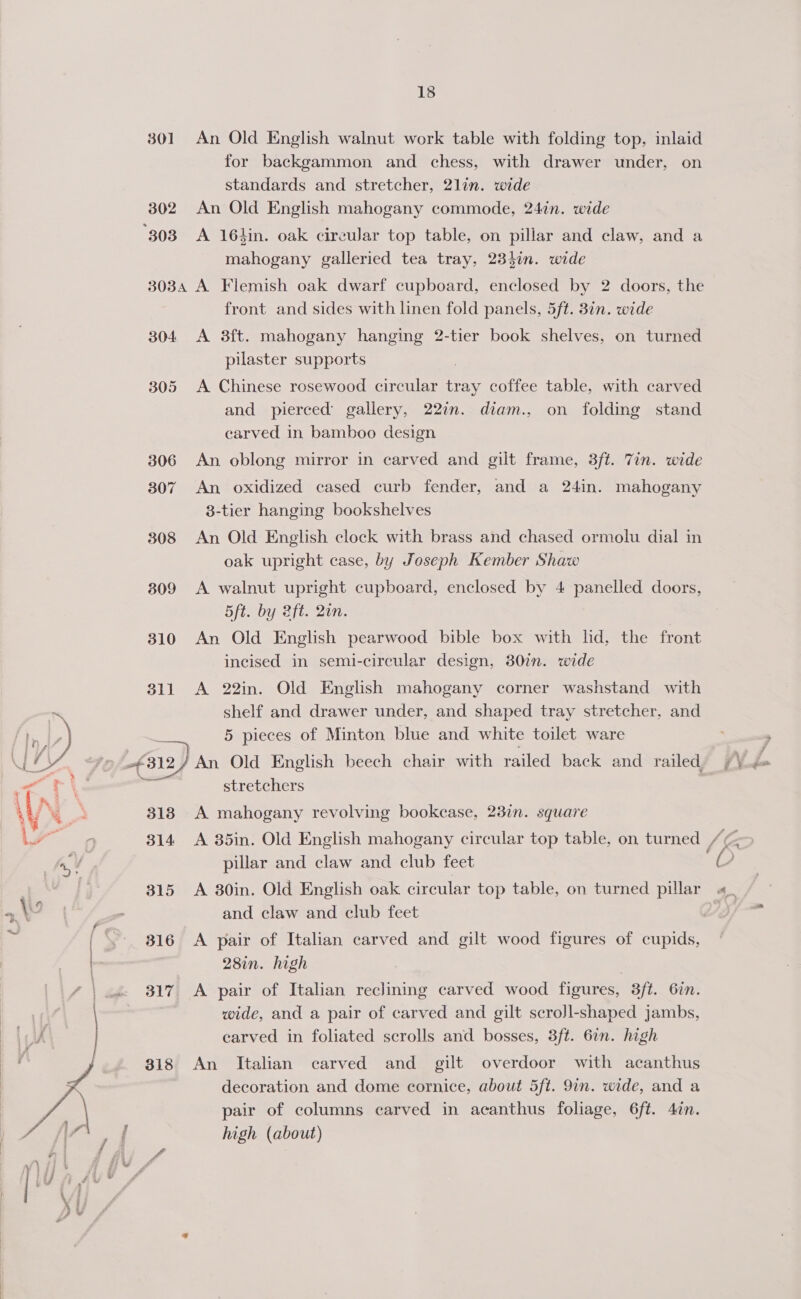 f} a a a Pt pak al #f Pe  138 301 An Old English walnut work table with folding top, inlaid for backgammon and chess, with drawer under, on standards and stretcher, 2lin. wide 302 An Old English mahogany commode, 24in. wide mahogany galleried tea tray, 234in. wide 3034 A Flemish oak dwarf cupboard, enclosed by 2 doors, the front and sides with linen fold panels, 5ft. 37n. wide 304 <A 8ft. mahogany hanging 2-tier book shelves, on turned pilaster supports é' 305 A Chinese rosewood circular tray coffee table, with carved and pierced gallery, 22in. diam., on folding stand carved in bamboo design 306 An oblong mirror in carved and gilt frame, 3ft. 7in. wide 307 An oxidized cased curb fender, and a 24in. mahogany 8-tier hanging bookshelves 308 An Old English clock with brass and chased ormolu dial in oak upright case, by Joseph Kember Shaw 309 A walnut upright cupboard, enclosed by 4 panelled doors, 5ft. by aft. 2on. 310 An Old English pearwood bible box with lid, the front incised in semi-circular design, 30in. wide 311 A 22in. Old English mahogany corner washstand with 5 pieces of Minton blue and white toilet ware Old English beech chair with railed back and railed. stretchers 318 A mahogany revolving bookcase, 23in. square pillar and claw and club feet 315 A 30in. Old English oak circular top table, on turned pillar and claw and club feet 316 A pair of Italian carved and gilt wood figures of cupids, 28in. high | 317. A pair of Italian reclining carved wood figures, 3/t. 6in. wide, and a pair of carved and gilt scrojl-shaped jambs, carved in foliated scrolls and bosses, 3ft. 6n. high 818 An Italian carved and gilt overdoor with acanthus decoration and dome cornice, about 5ft. 9in. wide, and a pair of columns carved in acanthus foliage, 6ft. 4an. high (about)