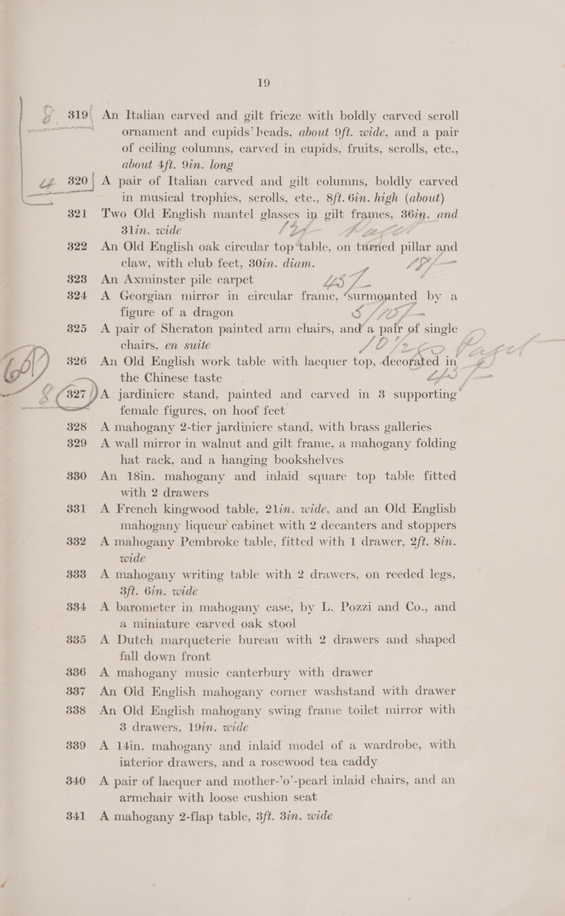 1) s 319 An Italian carved and gilt frieze with boldly carved scroll s | ornament and cupids’ beads, about 9ft. wide, and a pair of ceiling columns, carved in cupids, fruits, scrolls, etc., about Aft. 9in. long Le 320! A pair of Italian carved and gilt columns, boldly carved  —.” in musical trophies, scrolls, etc., 8/t. 6in. high (about) 321 Two Old English mantel Soa in sae oo ee S6yy. and 3lin. wide 322 An Old English oak circular ico) dh able, on oot ee Po claw, with club feet, 30in. diam. Aff 323 An Axminster pile carpet MLS” 324 A Georgian mirror in circular oe Vien surmounted by a figure of a dragon 5S A/L, A pair of Sheraton painted arm chairs, and’ % pafr of single chairs, en suite a ‘OD > An Old English work table with lacquer top, decorated in the Chinese taste of? JA jardiniere stand, painted and carved in 3 supporting female figures, on hoof feet A mahogany 2-tier jardiniere stand, with brass galleries A wall mirror in walnut and gilt frame, a mahogany folding hat rack, and a hanging bookshelves 330 An 18in. mahogany and inlaid square top table fitted with 2 drawers 331 A French kingwood table, 2lin. wide, and an Old English mahogany liqueur cabinet with 2 decanters and stoppers 382 A mahogany Pembroke table, fitted with 1 drawer, 2ft. 87n. wide 333 A mahogany writing table with 2 drawers, on reeded legs, 3ft. Gin. wide 334 A barometer in mahogany case, by L. Pozzi and Co., and a miniature carved oak stool 335 <A Dutch marqueterie bureau with 2 drawers and shaped fall down front 336 A mahogany music canterbury with drawer 337 An Old English mahogany corner washstand with drawer 338 An Old English mahogany swing frame toilet mirror with 3 drawers, 197n. wide 339 A 14in. mahogany and inlaid model of a wardrobe, with interior drawers, and a rosewood tea caddy 340 A pair of lacquer and mother-’o’-pearl inlaid chairs, and an armchair with loose cushion seat 