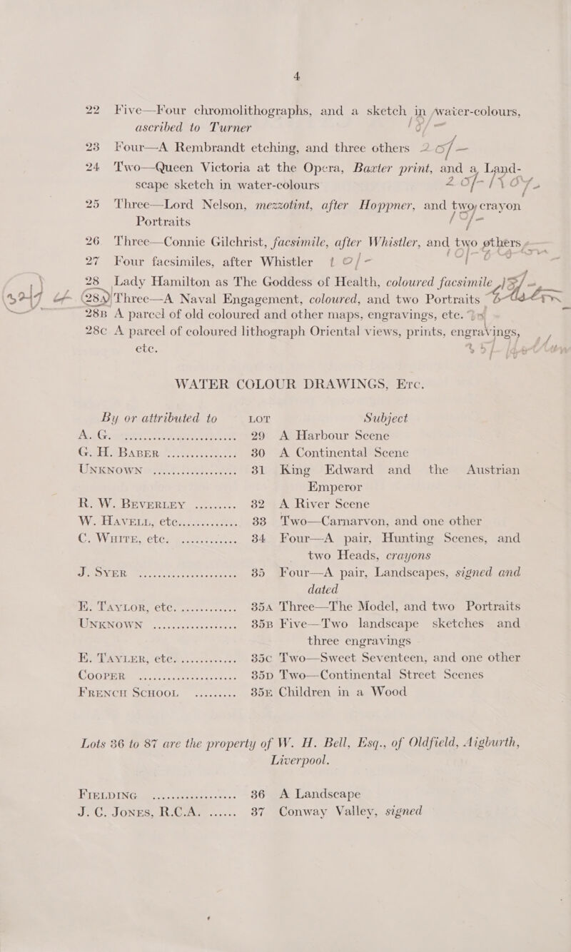 22. Five—Four chromolithographs, and a sketch jn Awaver-colours, ascribed to Turner ame 23 Four—A Rembrandt etching, and three others ~ Yn 24 ‘Two—Queen Victoria at the Opera, Baxter print, ee ere scape sketch in water-colours of- Teo 25 Three—Lord Nelson, mezzotint, after Hoppner, and twoy cray on Portraits / be 26. Three—Connie Gilchrist, facsimile, eg Whistler, and, two thers &lt; 27 Four facsimiles, after Whistler 1t ©/- a fe, 28 Lady Hamilton as The Goddess of Hisaith, coloured facsimile ,} 28) ‘Three—A Naval Engagement, coloured, and two Poe 28n A parcel of old coloured and other maps, engravings, etc. ’ 28c A parcel of coloured lithograph Oriental views, prints, engrav ings, ete. LoL fd WATER COLOUR DRAWINGS, Erc. By or attributed to LOT Subject Poe Grameies: Wim eee ae 29 A Harbour Scene Gal eBanensP oe. e 30 &lt;A Continental Scene UnNunown ofc. Sade Nee 31 King Edward and the Austrian Emperor ReWe BevieRiny. 2.0.4... 32 &lt;A River Scene W..-HAVELD, CbGi ch. cee 33. Two—Camarvon, and one other COVitrE. Cice weer. s. 34 Four—A pair, Hunting Scenes, and _ two Heads, crayons “i Seid oN gl DNL Satay a 35 Four—A pair, Landscapes, signed and dated HES LOR (OUCs cere ners: 354 Three—The Model, and two Portraits DEINIONOIVUN 2. ss sen viccs oni oe cs 35B Five—Two landscape sketches and three engravings PU EAW LER, CbeRs sarees... 35c Two—Sweet Seventeen, and one other COO BERS. hat. scatecte sek (cso 35D Two—Continental Street Scenes FRENCH SCHOOL .......+. 35E Children in a Wood ere reoreeeoreseroens Liverpool. 36 A Landscape 37 Conway Valley, signed