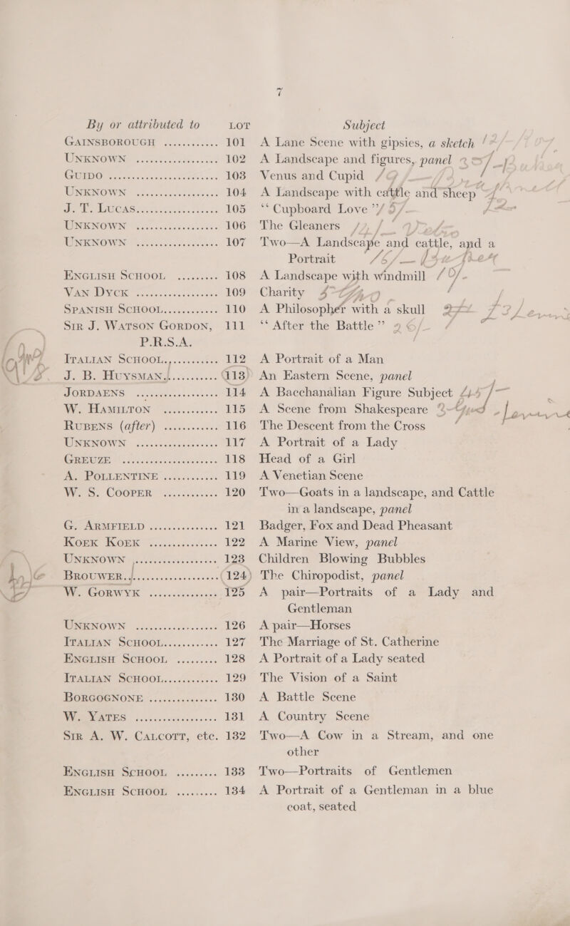GAINSBOROUGH ............ 101 UNTO 1s 102 MeeMIE Oe oo oid ee ows 103 RNEONOWN 6. focatltvuceses 104 © oad Weel VG (es Ce eee 105 [SUSE GS ie 106 ROINONOWWN hook lose teeawes 107 HINGLISH SCHOOI: —...55-065': 108 RPAnGe I Oke ee ss sk a 109 SPANISH SCHOOL: ..ccs.4006 110 Sir J. Watson Gorpon, 111 PoAReS.A; PTADIAN SCHOOL... 2.0.20. 112 2. Muvewws Xie G13) MGR BANS Leer... e sh 114 ANS EARL TON “E0cs.. 6.0.3. 115 IVOBENS (G/ter) ~ sisv...0c0s- 116 RONAN. 0c, oSaccceuew eres EY] (S15 3007 ae 118 Pe POULENINGE <cck.<ccsi es 119 Wes. COOPER -35.2%4..2. 120 Go AR METBED 66.555 .c<00s0s's 1De. Mere KOpe vi ccc ove eocas 122 NIK ONWIN Gi vocds ceeh css be +123 Brouw ER... Piece hayes (124) WE ORWYER cohecccsceves Sno WEENOWN os. ori Sos ceed 126 VEAGEAN SCHOOL:.....<..2:. 127. TTAETAN: SOHOOL..../c0. 0000: 129 IBOREGENONE: «565. cesc005s: 130 ES oa he seed dienes 131 Sie A, VW. CALCOTT, etc. 132 ENGLISH SCHOOL, ......... 133 PACLIGH SCHOOL ....,.... 134 “_ A Lane Scene with gipsies, a sketch / Venus and Cupid » £ “Cupboard Love 7} The Gleaners Two—A Landscape and bate. ally a Portrait We ch aces (3 lt] uk A Landscape with windmill oP Of. Charity 4 Cf / A Philosopher he a skull Q5¢al ** After the Battle ”’ / A Portrait of a Man An Eastern Scene, panel A Bacchanalian Figure Subject oy The Descent from the Cross A Portrait of a Lady | Head of a Girl A Venetian Scene Two—Goats in a landscape, and Cattle in a landscape, panel Badger, Fox and Dead Pheasant A Marine View, panel Children Blowing Bubbles The Chiropodist, panel A pair—Portraits of a Lady and Gentleman A pair—Horses The Marriage of St. Catherine A Portrait of a Lady seated The Vision of a Saint A Battle Scene A Country Scene Two—A Cow in a Stream, and one other Two—Portraits of Gentlemen A Portrait of a Gentleman in a blue coat, seated