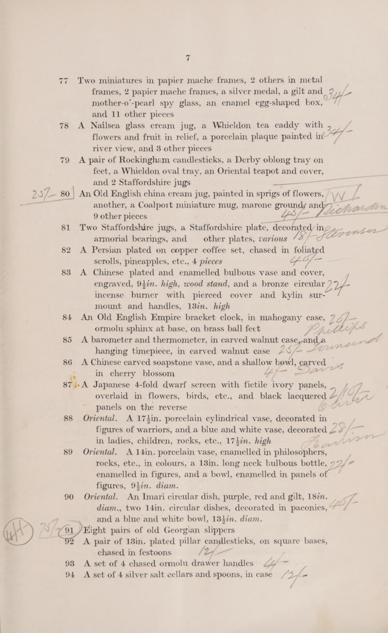 re ~% ~ Two miniatures in papier mache frames, 2 others in metal frames, 2 papier mache frames, a silver medal, a gilt and _ 9 mother-o’-pearl spy glass, an enamel egg-shaped box, / and 11 other pieces 78 A Nailsea glass cream jug, a Whieldon tea caddy with » river view, and 3 other pieces 79 A pair of Rockingham candlesticks, a Derby oblong tray on feet, a Whieldon oval tray, an Oriental teapot and cover, and 2 Staffordshire jugs pave 25 ‘a: 0 | An Oid English china cream jug, painted in, sprigs of pats VV 9 other pieces GFYf- 81 Two Staffordshire jugs, a Staffordshire plate, decorated, Ing armorial bearings, and other plates, various ae * 82 &lt;A Persian plated on copper coffee set, chased in foliated scrolls, pineapples, etc., 4 pieces fopert 83 &lt;A Chinese plated and enamelled bulbous vase and cover, i incense a with pierced cover and kylin sur-— mount and handles, 13in. high ormolu sphinx at base, on brass ball feet 85 A barometer and thermometer, in carved walnut caseyand a hanging timepiece, in carved walnut case AS/- al 86 A Chinese carved soapstone vase, and a shallow howl, served a in cherry blossom A 87i-A Japanese 4-fold dwarf screen with faite ivory panels, _ - eo ~ \ panels on the reverse 88 Oriental. A 17}in. porcelain cylindrical vase, decorated in ; figures of warriors, and a blue and white vase, decorated 2 in ladies, children, rocks, ete., 174¢n. high 89 Oriental. A 14in. porcelain vase, enamelled in philosophers, rocks, ete., in colours, a 13in. long neck bulbous bottle, Le |e enamelled in figures, and a bowl, enamelled in panels of / figures, 947n. diam. 90 Oriental. An Imari circular dish, purple, red and gilt, 18in. diam., two 14in. circular dishes, decorated in paeonies, 7” / a _ 4 — anda blue and white bowl, 13}in. diam. \ ) é ‘Eight pairs of old Georgian slippers A pair of 13in. plated pillar Be on square bases, chased in festoons 2/7 — 93 A set of 4 chased ormolu drawer handles 26 = a ~ 94 &lt;A set of 4 silver salt cellars and spoons, in case /3./ &lt;/, = _ J