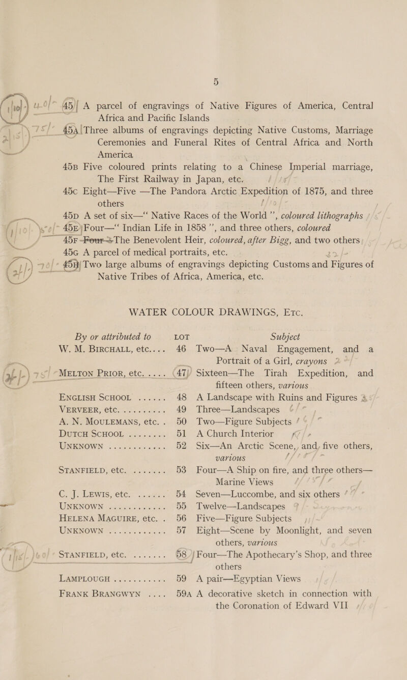 45)| A parcel of engravings of Native Figures of America, Central Africa and Pacific Islands Ceremonies and Funeral Rites of Central Africa and North America | 458 Five coloured prints relating to a Chinese Imperial marriage, The First Railway in Japan, etc. 45c Eight—Five —The Pandora Arctic Expedition of 1875, and three others | 45p A set of six—‘ Native Races of the World ”’, coloured lithographs  +The Benevolent Heir, cole after Bigg, and two others 45G A parcel of medical portraits, etc. 7 » 453) ‘Two large albums of engravings depicting Customs sa aie of Native Tribes of Africa, America, etc. : WATER COLOUR DRAWINGS, Etc. By or attributed to W.M. BIRCHALL, etc.... LOT Subject 46 Two—A Naval Engagement, Portrait of a Girl, crayons 2 and 2 » | “Meton Prior, etc..... (47) Sixteen—The Tirah Expedition, and ae fifteen others, various ENGLISH SCHOOL «00. 48 A Landscape with Ruins and Figures 4 WPRVEER, CIG=. cones 49 A. N. MOULEMANS, etc.. 50 DEC E SCHOOL Sawawdiate Bik Three—Landscapes Two—Figure Subjects / A Church Interior (7 f » Six—An Arctic ls, and, five others, WIKNOWN . ce) eied cee. 52 VArLOUS SPANFIBLD .CUC a se oto 53 Four—A Ship on fire, and three others— Marine Views C7 TOWVIS CLO A aor: 54 Seven—Luccombe, and six others “ LRAGN OWN sora hgre sc turca: 5) Twelve—Landscapes HELENA MAGUIRE, etc... 56 Five—Figure Subjects NOW. is da da 57 Eight—Scene by Moonlight, and seven others, various SP ONPIELD, Cle oa ©8 j Four—The Apothecary’s Shop, and three others LAMPLOUGH 59 A pair—Egyptian Views &gt; eee eo eo we oe we oO 59a A decorative sketch in connection with the Coronation of Edward VII FRANK BRANGWYN