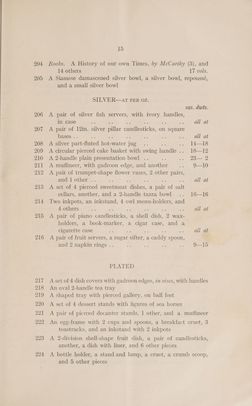 204 216 217 218 219 220 221 222 223 224 15 Books. A History of our own Times, by McCarthy (3), and 14 others 17 vols. A Siamese damascened silver bowl, a silver bowl, repoussé, and a small silver bowl SLEV ER—AT PER OZ: ozs. dwts. A pair of silver fish servers, with ee handles, in case A .. at at A pair of 12in. silver pillar eutdiadicks, on square bases . bf 2 alt-at A silver pant: Atnsod hoe Pater | jue a. .. 14—18 A circular pierced cake basket with swing iyanielle .. 18—12 A 2-handle plain presentation bowl .. bee .. 23— 2 A muffineer, with gadroon edge, and another .. 9—10 A pair of trumpet-shape flower vases, 2 other pairs, ane dW other:... me all at A set of 4 pierced Re cckineat Ai hes, a pair ae salt cellars, another, and a 2-handle tazza bowl ... 16—16 Two inkpots, an inkstand, 4 owl menu-holders, and 4 others i; « al at A pair of piano page ele: a, shell AT 2 wax- holders, a book-marker, a cigar case, and a cigarette case ae . alge A pair of fruit servers, a sugar Panter, a, Coder spoon, and 2 napkin rings .. ae Pf Ne: .. G15 PLATED A set of 4 dish covers with gadroon edges, i stzes, with handles An oval 2-handle tea tray A shaped tray with pierced gallery, on ball feet A set of 4 dessert stands with figures of sea horses A pair of pierced decanter stands, | other, and a muffineer An egg-frame with 2 cups and spoons, a breakfast cruet, 3 toastracks, and an inkstand with 2 inkpots A 2-division shell-shape fruit dish, a pair of candlesticks, another, a dish with liner, and 6 other pieces A bottle holder, a stand and lamp, a cruet, a crumb scoop,