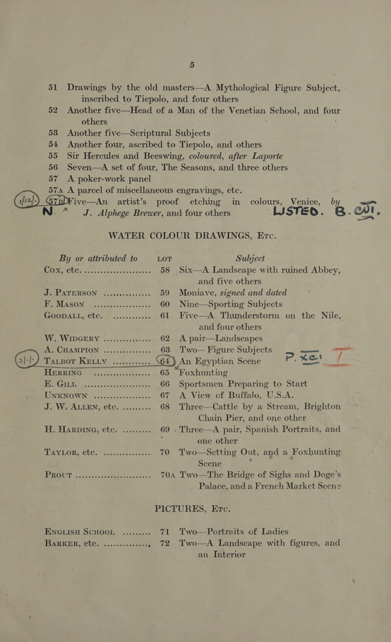 51 Drawings by the old masters—A Mythological Figure Subject, inscribed to Tiepolo, and four others 52 Another five—Head of a Man of the Venetian School, and four others 538 Another five—Scriptural Subjects 54 Another four, ascribed to Tiepolo, and others 55 Sir Hercules and Beeswing, coloured, after Laporte 56 Seven—aA set of four, The Seasons, and three others 57 &lt;A poker-work panel 574 A parcel of miscellaneous engravings, etc. (pial) G7p)Five—An artist’s proof etching in colours, Venice, by Ne. J. Alphege Brewer, and four others LISTED. B. Ww! ——= a La WATER COLOUR DRAWINGS, Etc.  By or attributed to LOT Subject 15 IG eae iy Bory ae 58 Six—aA Landscape with ruined Abbey, and five others PUL ATERSON) J. ctesss8sccs- 59 Moniave, signed and dated PE OUASON 225 cy vcs see tess &gt; 60 Nine—Sporting Subjects PALS Ot, w ox. &lt;scxsers 61 Five—A Thunderstorm on the Nile, | and four others RY AVVIDGERY “1220.2. hes 62 &lt;A pair—Landscapes ATISHAMPION .....05&lt;02h&gt;00- 63 Two — Figure Subjects ——— sau POT BOt ELLY: &lt;&lt;.fs,ssc0- G4) An Egyptian Scene Fe xo! ifn RASCH ING Ms a5 Sy Sas se 65 ~Foxhunting Rite. sfc yachticn ner cag 66 Sportsmen Preparing to Start TUPI) Wits oie c'aS oad ood asec 67 &lt;A View of Buffalo, U.S.A. Je WeALLENS C66... 0.025. 68 Three—Cattle by a Stream, Brighton Chain Pier, and one other H. HarpDIne, ete. ......... 69 . Three—A pair, Spanish Portraits, and one other SSNON, CG. e.ligce deere 70 Two—Setting Out, and a Foxhunting Scene BD t.c60 os. othe cca eh 704 Two—tThe Bridge of Sighs and Doge’s Palace, and a French Market Scene PICTURES, Erc. ENGLISH SCHOOL. ......... 71 Two—Portraits of Ladies PAP CLO. iss... iva nen . 72 Two—A Landscape with figures, and an Interior