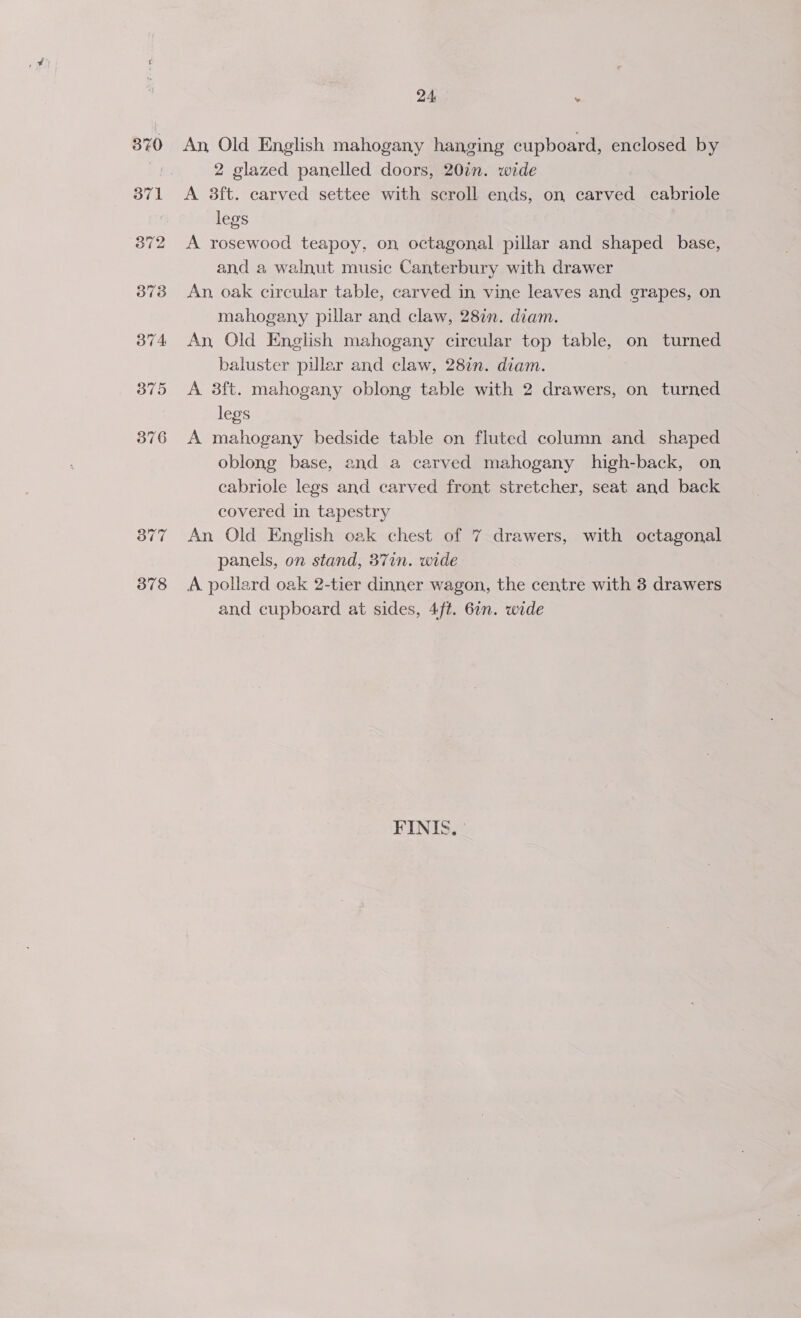 377 378 24 . An, Old English mahogany hanging cupboard, enclosed by 2 glazed panelled doors, 20in. wide A 3ft. carved settee with scroll ends, on carved cabriole legs A rosewood teapoy, on octagonal pillar and shaped base, and a walnut music Canterbury with drawer An, oak circular table, carved in vine leaves and grapes, on mahogany pillar and claw, 28in. diam. An, Old English mahogany circular top table, on turned baluster pillar and claw, 28in. diam. A 3ft. mahogany oblong table with 2 drawers, on turned legs A mahogany bedside table on fluted column and shaped oblong base, and a carved mahogany high-back, on cabriole legs and carved front stretcher, seat and back covered in tapestry An Old English oak chest of 7 drawers, with octagonal panels, on stand, 371n. wide A pollard oak 2-tier dinner wagon, the centre with 3 drawers and cupboard at sides, 4ft. 6an. wide FINIS., |