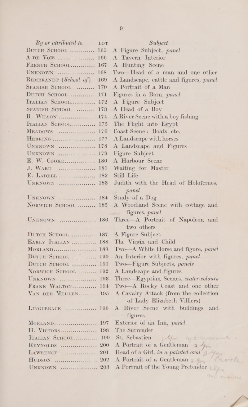 DUTCH, SOMOOL..6.2<sde0 165 BODE V GIS 2h.) 6,08: bscinass 166 WRENCH. SCHOOL). moceut 167 MUI AGNIONUNT. A sean «ctasebeea de 168 REMBRANDT (School of) 169 SPANISH SCHOOL, ......... 170 POUCH SS OCROOLi. ocxcetnads 71 PTALIAN SCHOODss 008 sess 172 SPANISH SCHOOL. ...00000. iG: He eV UNSOIN i osinw tae 174 PTAT IAN. OCHO OM xivins noes 175 INE ANDONWS: c, «105 de csed cca uninbns 156 PRIN G25 soins olueereen « bard WON KINOWIN | 1ko0 0c. cdr 178 TUINIONOWUIN tues Rockets 179 POO COOKE. 655 tect scss 180 UREN SED ce Stratton cee 181 i RD BIG 0.8 ss AAs Sees 182 ROTI NON 3 Alster Rides sacsveen 1838 WNRNO WA” de os scent chaun 184 NoRWiICH SCHOOL. As..s... 185 NOTION ONIN fe 0108 sande cers 186 DUTCH SCHOGOI+ 6.55 5 ocsags 187 Ramey Praia 225 8..akes 188 NORIEAIND «2... ode. Las. age sihes - 189 DWECAY SCHOOL 4.50 600005 190 DOTCH. SCHOOL su. ances 191 Norwich SCHOOL ......... 192 TNIENIOWAN <h50) 55 cena bee 198 FRANK WALTON, ...4..0000.4 194 VAN DER MEULEN......... 195 IDINGEBIBA CK uid. ids cdg: 196 1) [ES 08 BY OS (ae ee er 197 Ae Vile TORS 4 cee: sc dase 198 TPAGIAN SCHOGE. wfeccnc. 199 REV NOLDS, Sersce ste? vs ecoss' 200 IAW RE NOE ote. asathsincans 201 PRES ON, eS. See oe 202 MONO WIN -n wtians.s «aecdovigs «clk 203 A Figure Subject, panel A Tavern Interior A Hunting Scene Two—Head of a man and one other A Landscape, cattle and figures, panel A Portrait of a Man Figures in a Barn, panel A Figure Subject A Head of a Boy A River Scene with a boy fishing The Flight into Egypt Coast Scene: Boats, ete. A Landscape with horses A Landscape and Figures Figure Subject A Harbour Scene Waiting for Master Still Life | Judith with the Head of Holofernes, panel Study of a Dog A Woodland Scene with cottage and figures, panel Three—A Portrait of Napoleon and two others A Figure Subject The Virgin, and Child Two-—A White Horse and figure, panel An, Interior with figures, panel Two—Figure Subjects, panels A Landscape and figures Three—Kgyptian, Scenes, water- colour Two—A Rocky Coast and one other A Cavalry Attack (from the collection of Lady Elizabeth Villers) A River Scene with buildings figures Exterior of an Inn, panel The Surrender St. Sebastien » Cty A Portrait of a Geritleman 9-% Head of a Girl, in a painted oval A Portrait of a Gentleman . A Portrait of the Young Pretender and