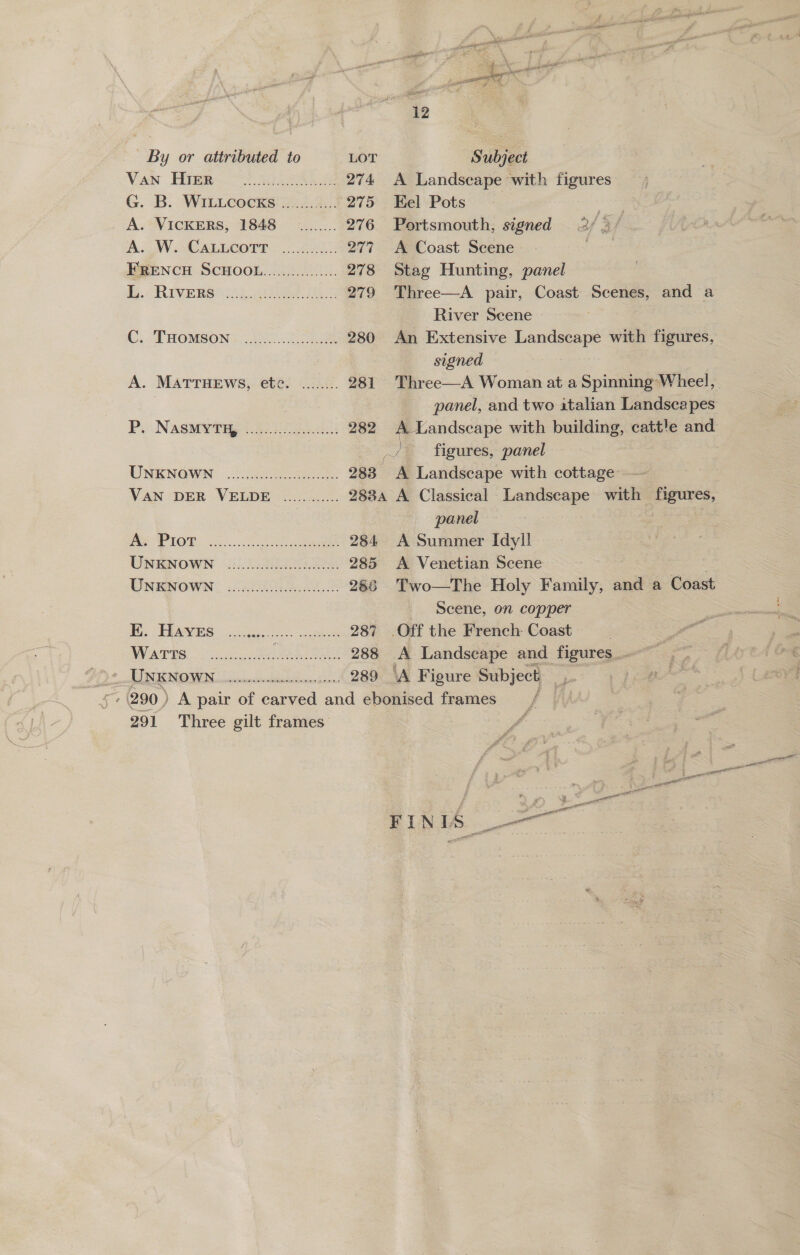 % , Van Hike 3 ie 274 G..B. WiLLcocks!. 4.35: 275 A. VICKERS, 1848 _........ 276 A. OW OC ALECOTT —....2255 277 FRENCH SCHOOL................ 278 RIVERO). aie, Ba 279 C; THOMION: 20 Se 280 A. MATTHEWS, ete. ........ 281 P, NasMy typ (250 53.08..: 282 DUNENOWN (20 ee 283 VAN DER VELDE ............. BAe LO ee ee 284 DWNENOWN (2:15.25 Pee: 285 UNKNOWN: .222505:.2.22..% 286 Ts ERAS SON ee cae 287 CAN Ee ea ee ee NE 288 PEDO EN cieitinitinictisnen ans 289 291 Three gilt frames 12 A Landseape with figures Eel Pots ie Portsmouth, signed 2/5 / A Coast Scene Stag Hunting, panel Three—A pair, Coast Scenes, and a River Scene An Extensive Landscape with figures, signed Three—A Woman at a Spinning’ Wheel, panel, and two italian Landscapes : eee: with building, cattle and figures, panel A Landscape with cottage figures, panel | A Summer Idyll A Venetian Scene Two—The Holy Family, and a Coast Scene, on copper Off the French: Coast ; A Landscape and figures_. ‘A Figure Subject |